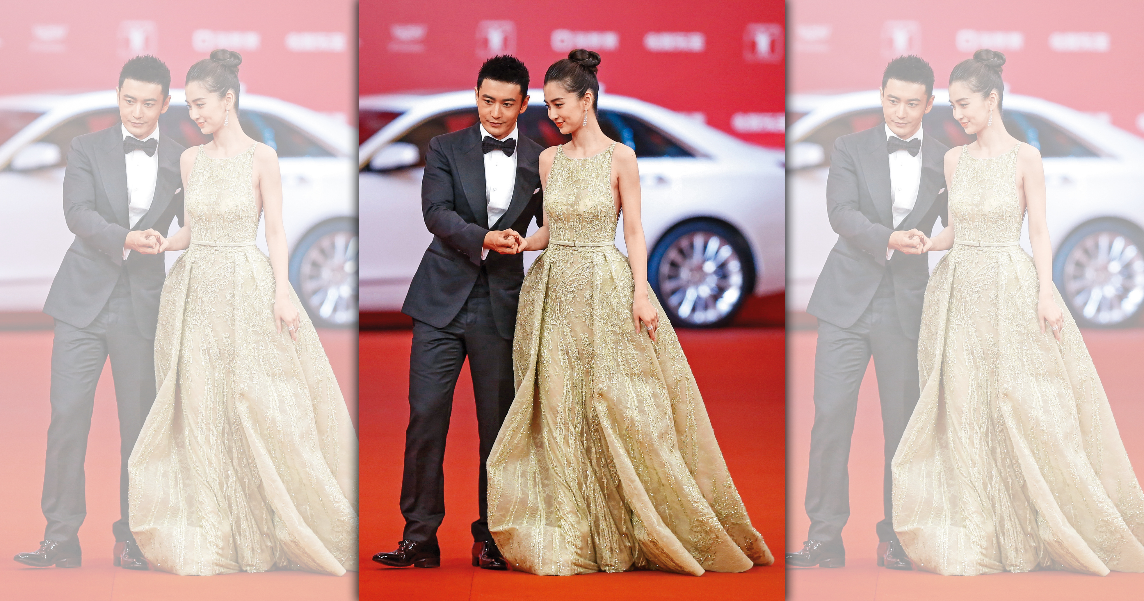 過去黃曉明與Angelababy（右）出雙入對走紅毯的場面，這2年都沒再看過。（東方IC）