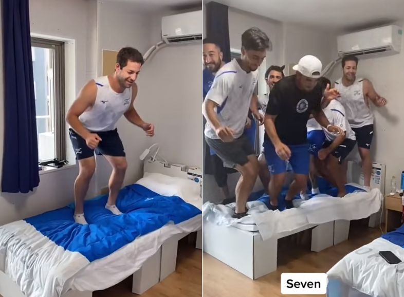 以色列選手找人一起跳上床，實測選手村紙板床的極限。（翻攝自@bwangah tiktok）
