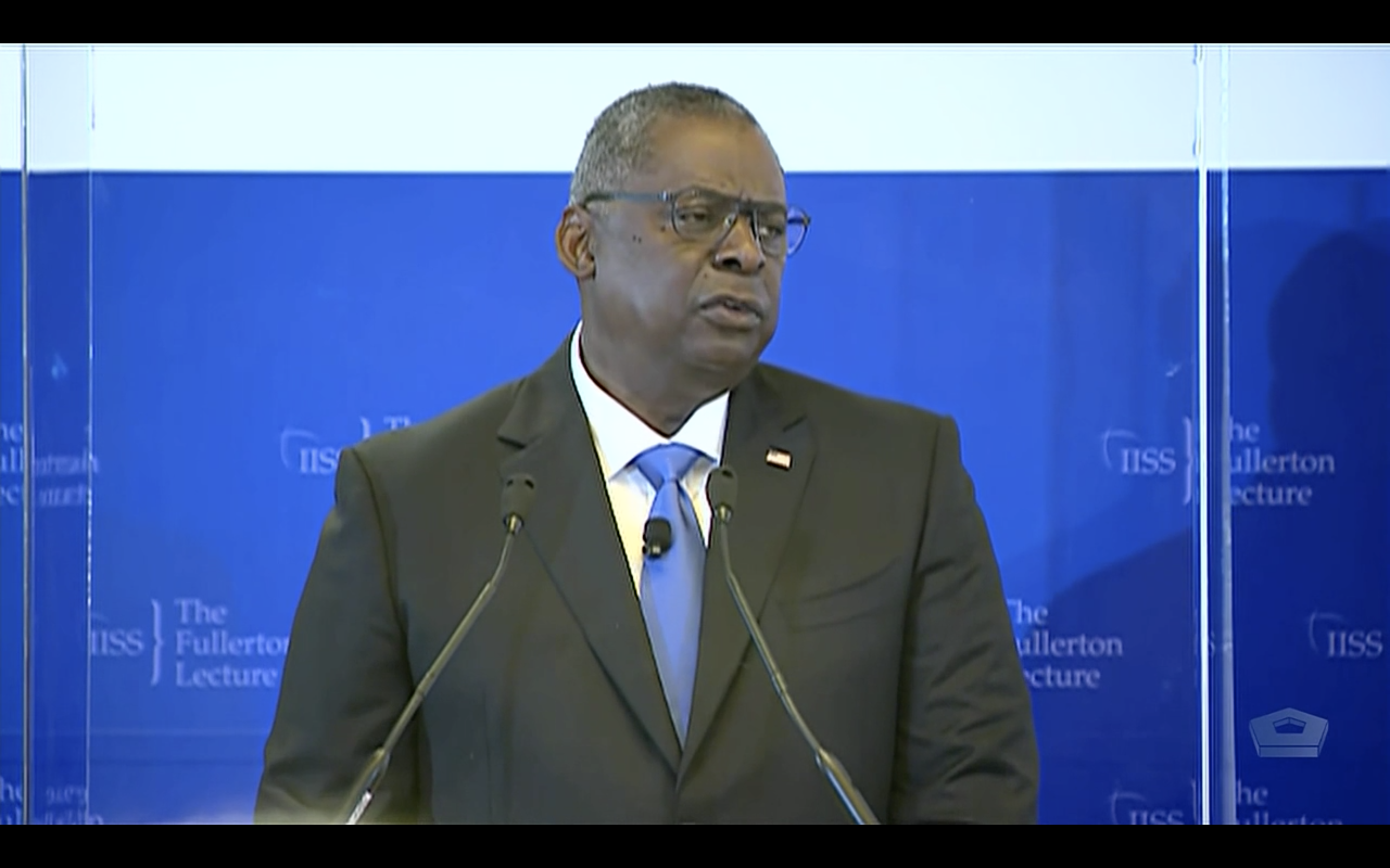 美國國防部長奧斯汀27日在公開演講上批判中國脅迫台灣人民，強調會協助台灣強化防衛能力以對抗威脅。（翻攝自美國國防部官網）