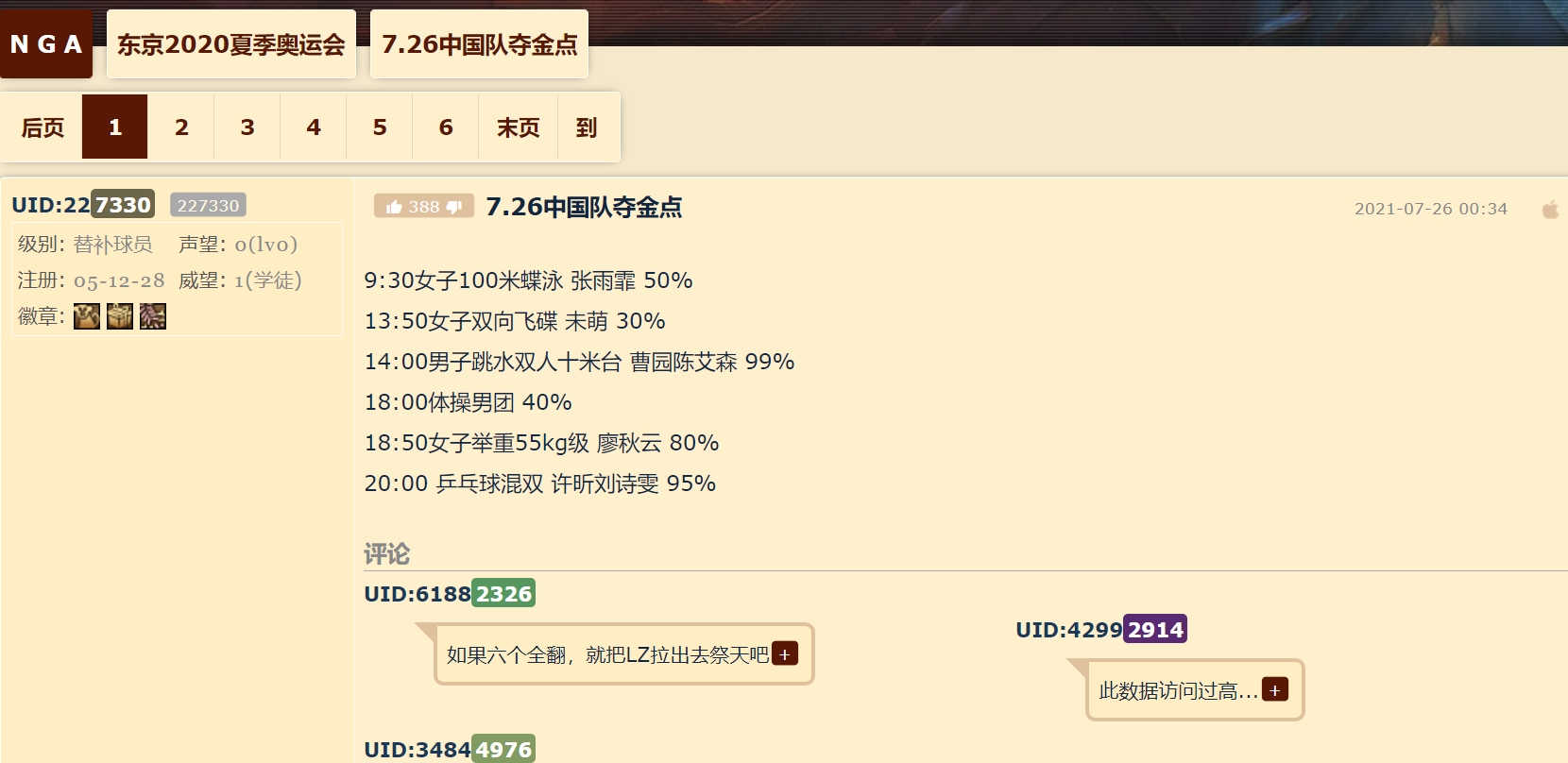 網友預測中國在26日當天有6個奪金點。（翻攝自NGA網站）