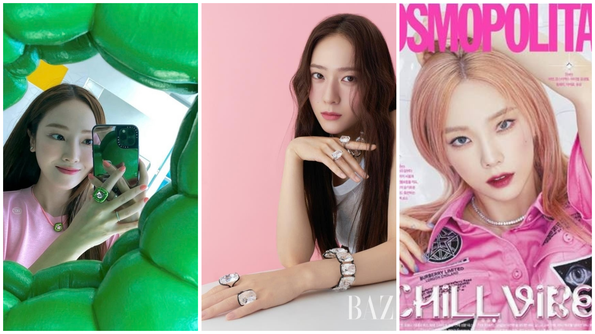Jessica、Krystal與太妍三人無論是拍攝雜誌，或是在IG上都能見到SWAROVSKI的蹤跡。（左起：翻攝自Jessica IG、翻攝自《Harper’s BAZAAR》IG、翻攝自IG帳號 taeyeon_ss）