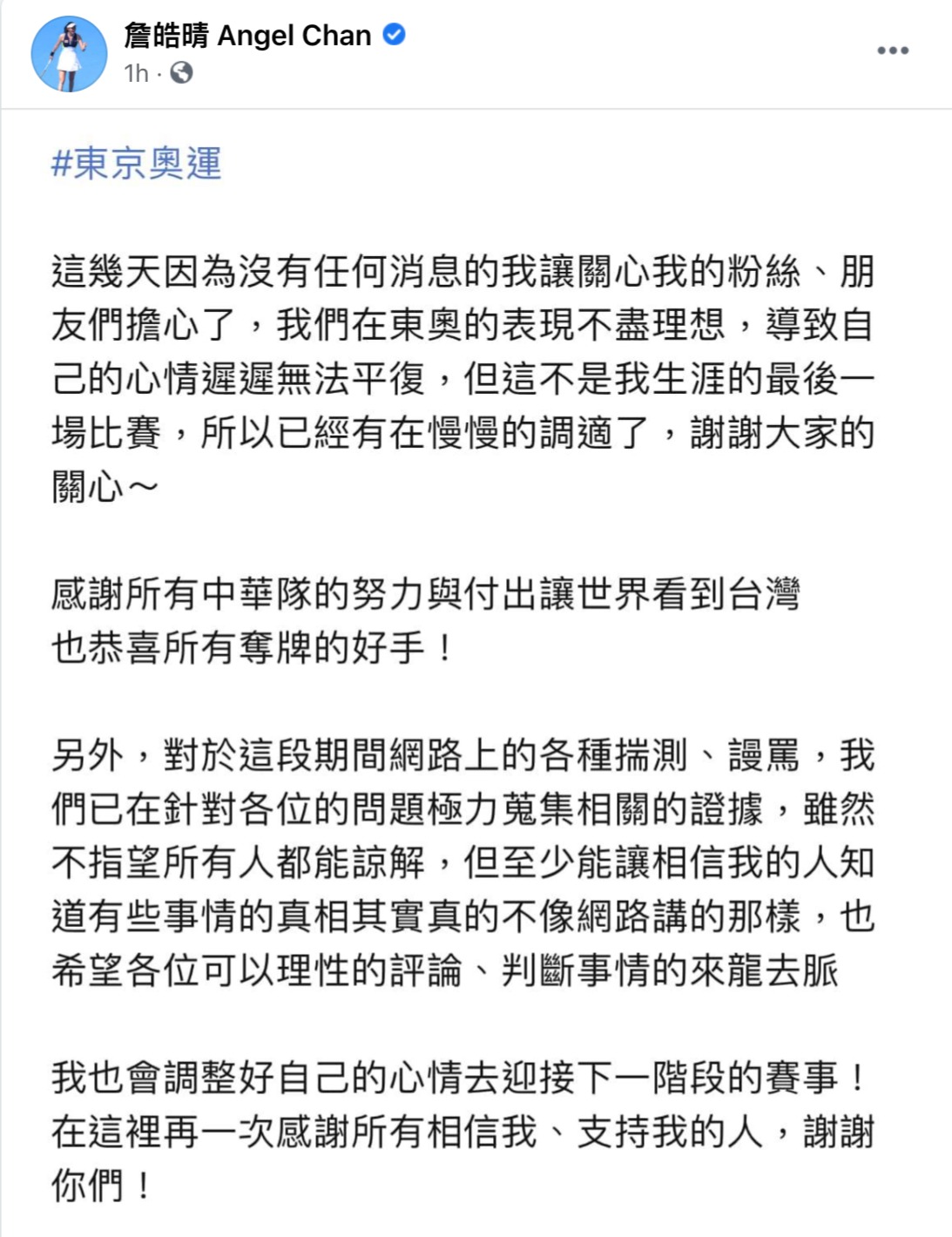 詹皓晴臉書發文。(翻攝詹皓晴臉書)