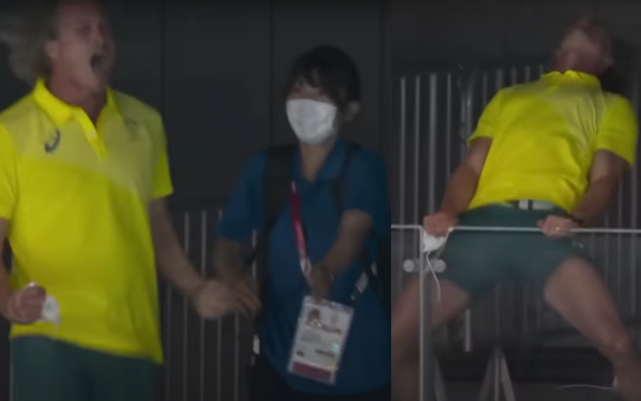 澳洲游泳金牌得主教練瘋狂的慶祝方式，嚇壞一旁的工作人員。（翻攝自運動狂人臉書）