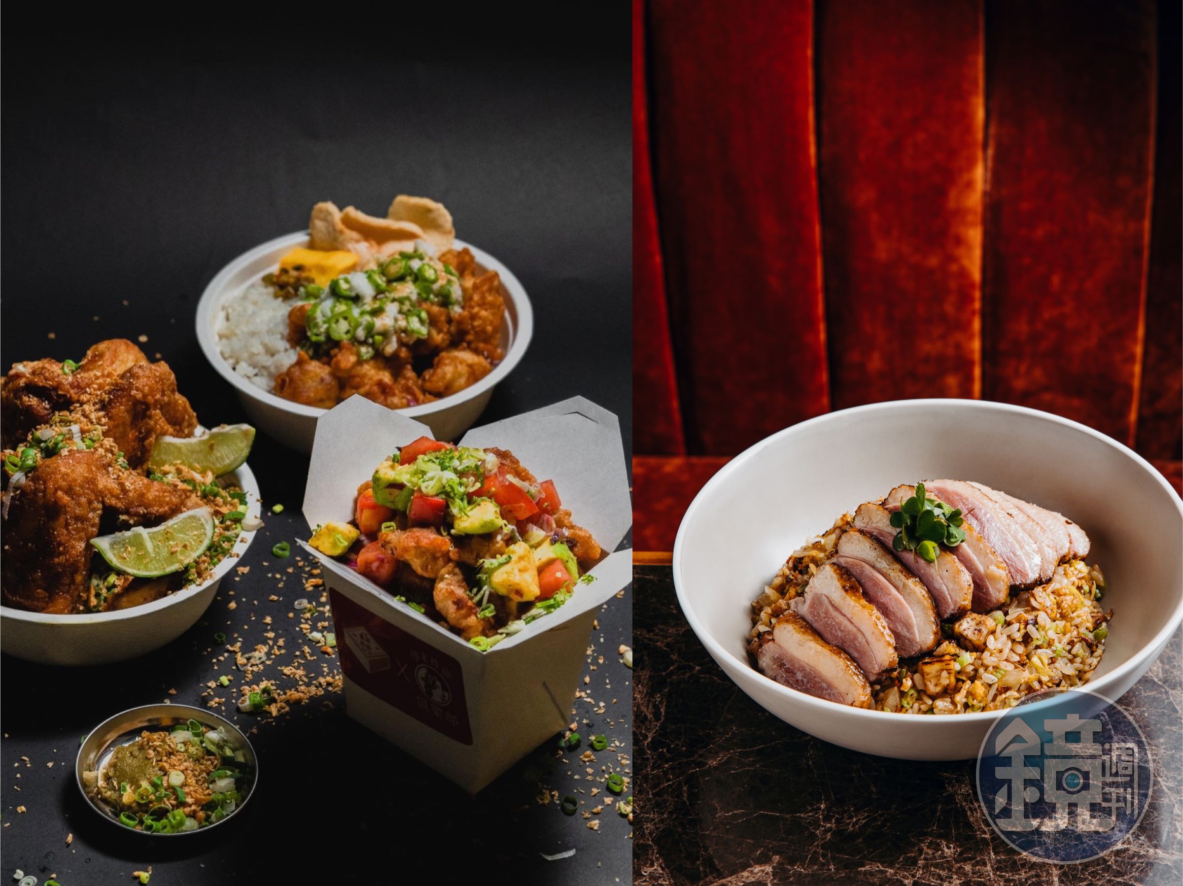 「豊賀大酒家」的夏日炸雞餐（左）、「心潮飯店」的創意炒飯（右）均提供外帶。