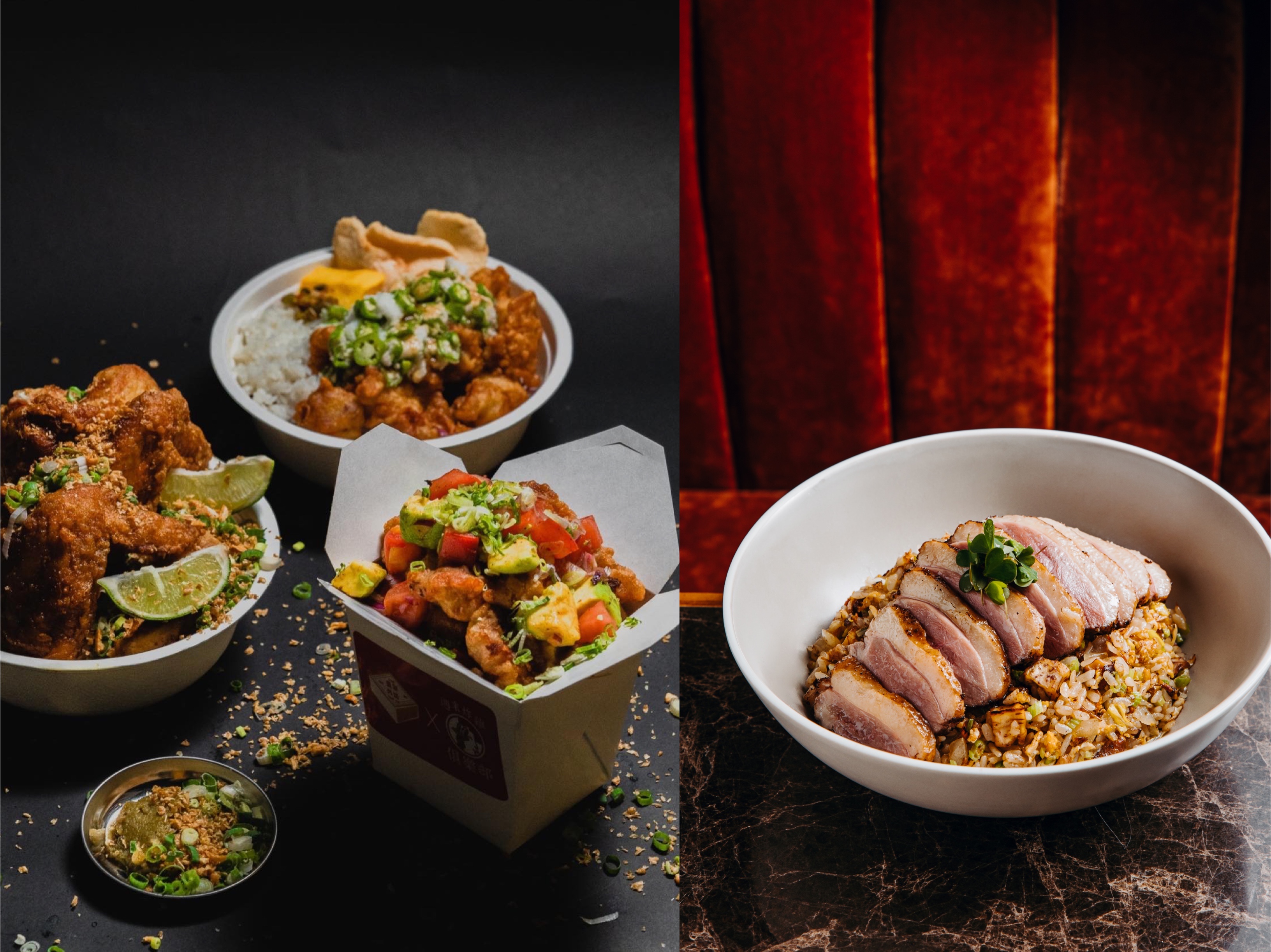 「豊賀大酒家」的夏日炸雞餐（左）、「心潮飯店」的創意炒飯（右）均提供外帶。