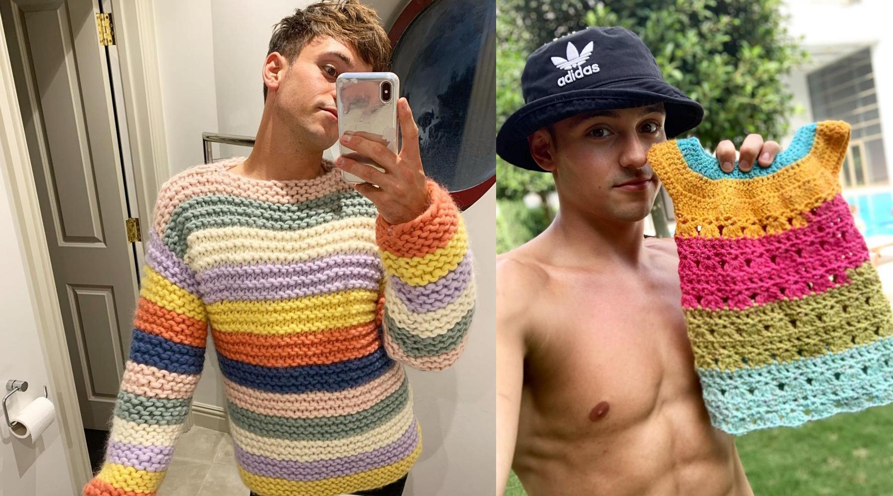 湯姆在IG上展示自己的作品，而編織有助於他運動更專心。（翻攝自Tom Daley、madewithlovebytomdaley IG/）