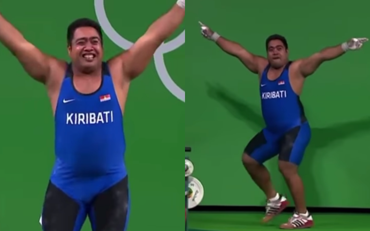 一名吉里巴斯舉重選手在2016年里約奧運時熱舞的影片，近日再度於網路上瘋傳。（翻攝自阿爆臉書）