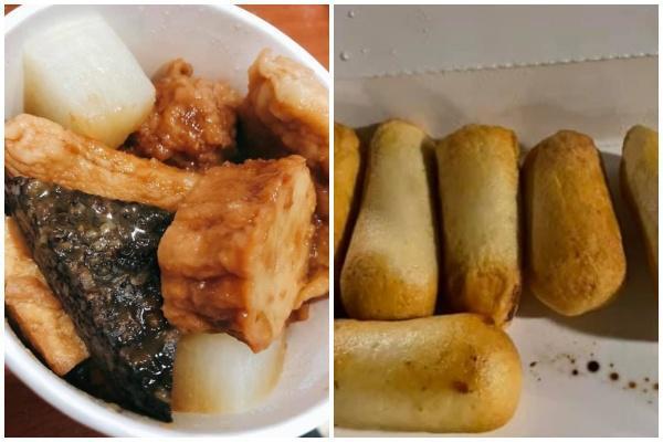 原PO點了「基隆甜不辣」，以為會有蘿蔔、黑輪和豬血糕等配料（左），沒想到卻是棒狀炸物（右），讓她十分失望。（翻攝自臉書社團「爆怨2公社」）