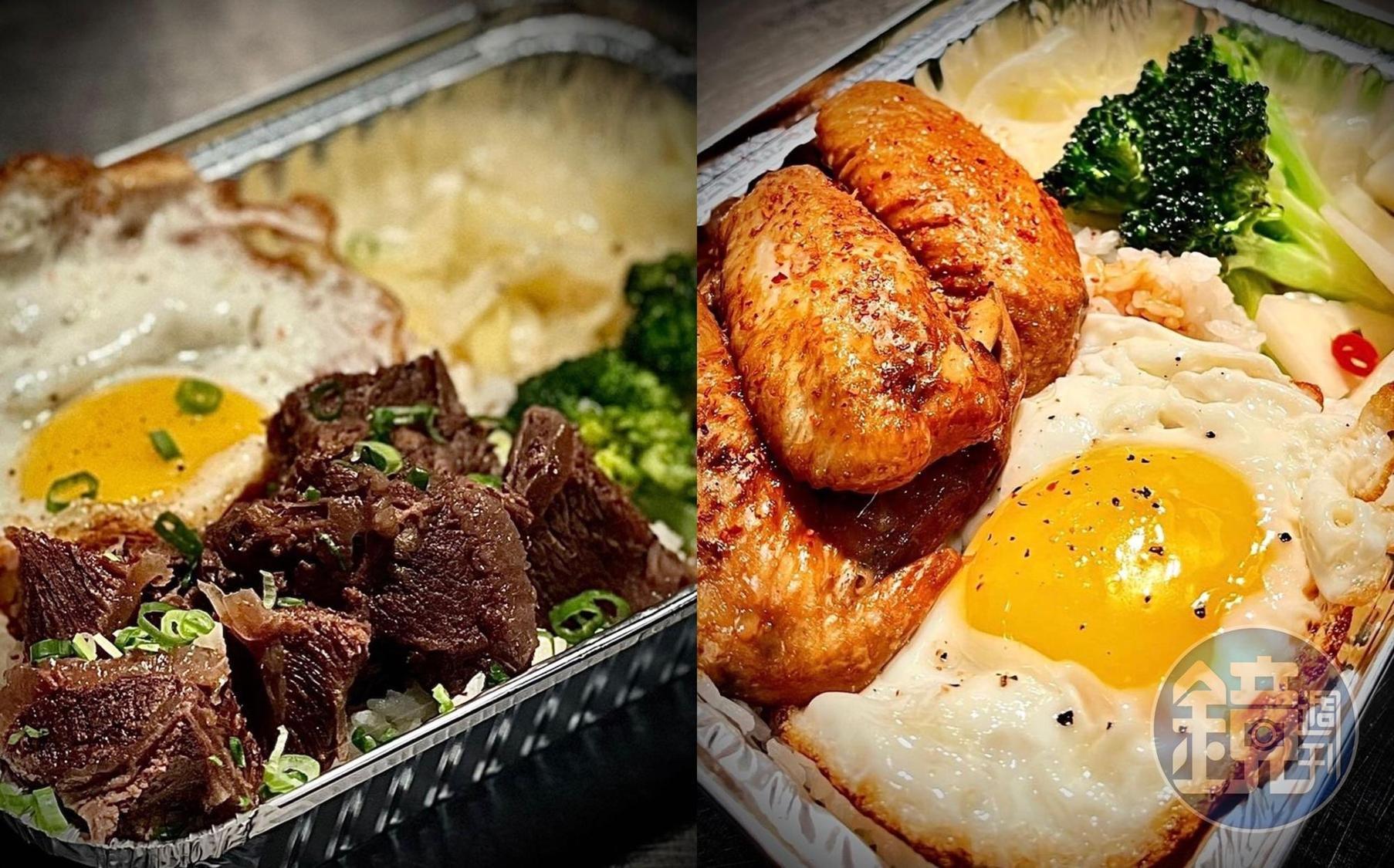 （右）柔嫩多汁的「二次高湯牛頰飯」（160元／份）與（左）鹹香涮嘴的「梅子滷雞翅飯」（130元／份，酣呷餐酒提供）
