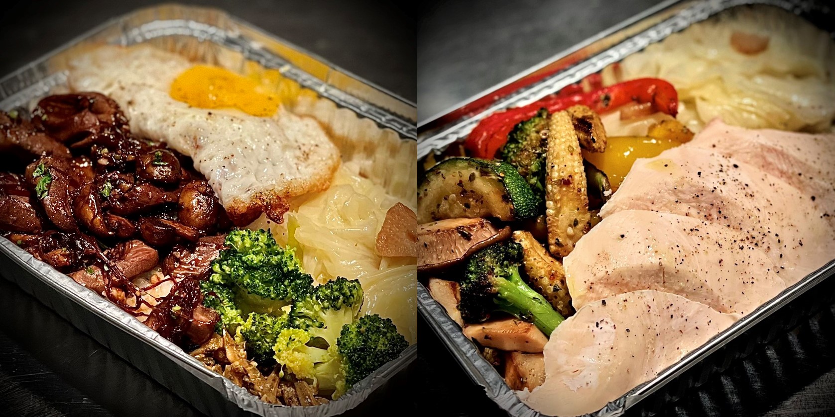 （右）飽足感滿分的「鍋氣撲撲鴨心飯」（120元／份）與（左）無澱粉少鹽的「彈牙大肌雞時蔬餐盒」（160元／份，酣呷餐酒提供）
