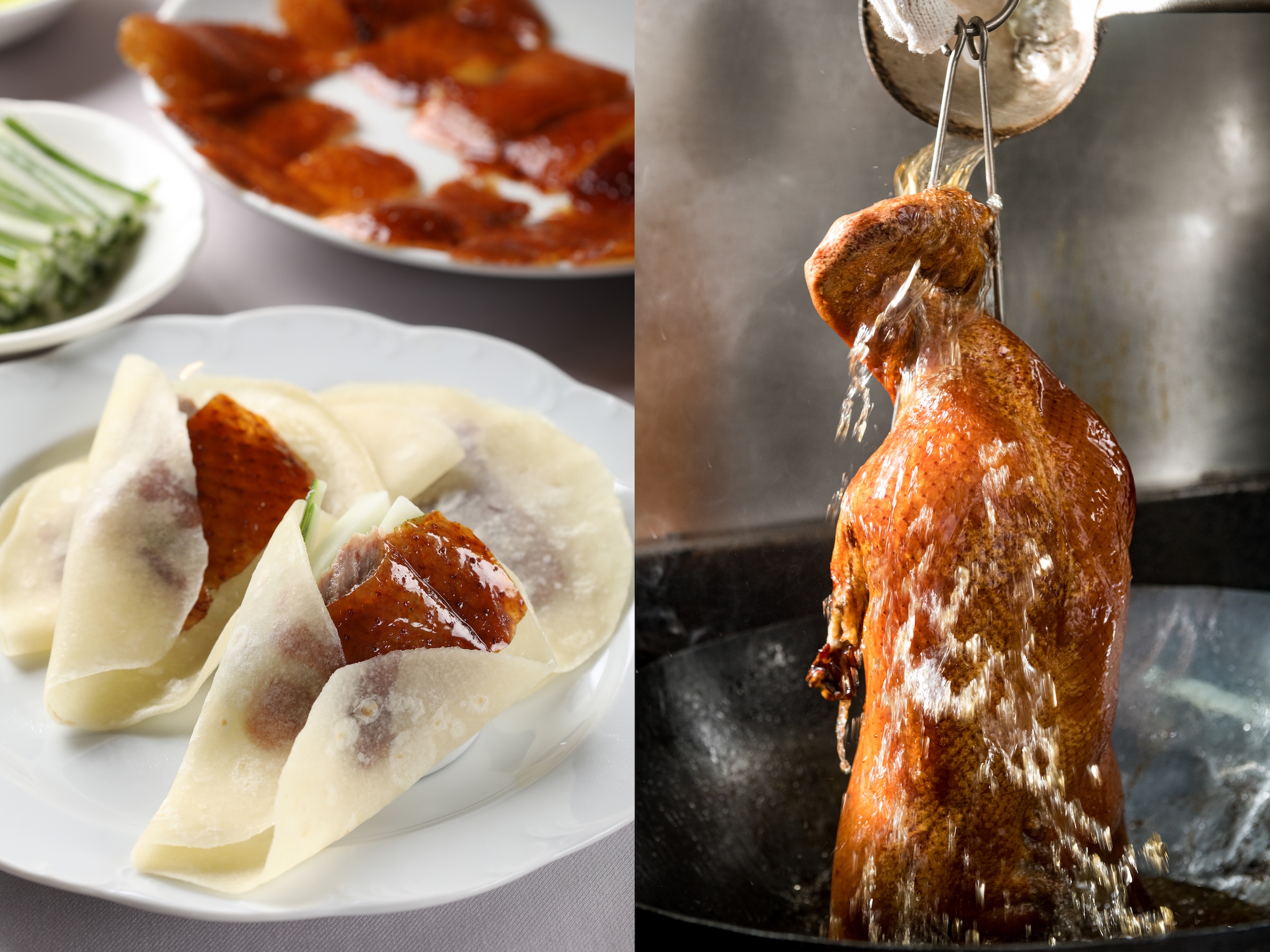 片皮鴨是粵菜燒臘中的華麗主角，名店「世貿名人坊」「九華樓」在疫情期間推出驚喜折扣價，刺激外帶買氣。