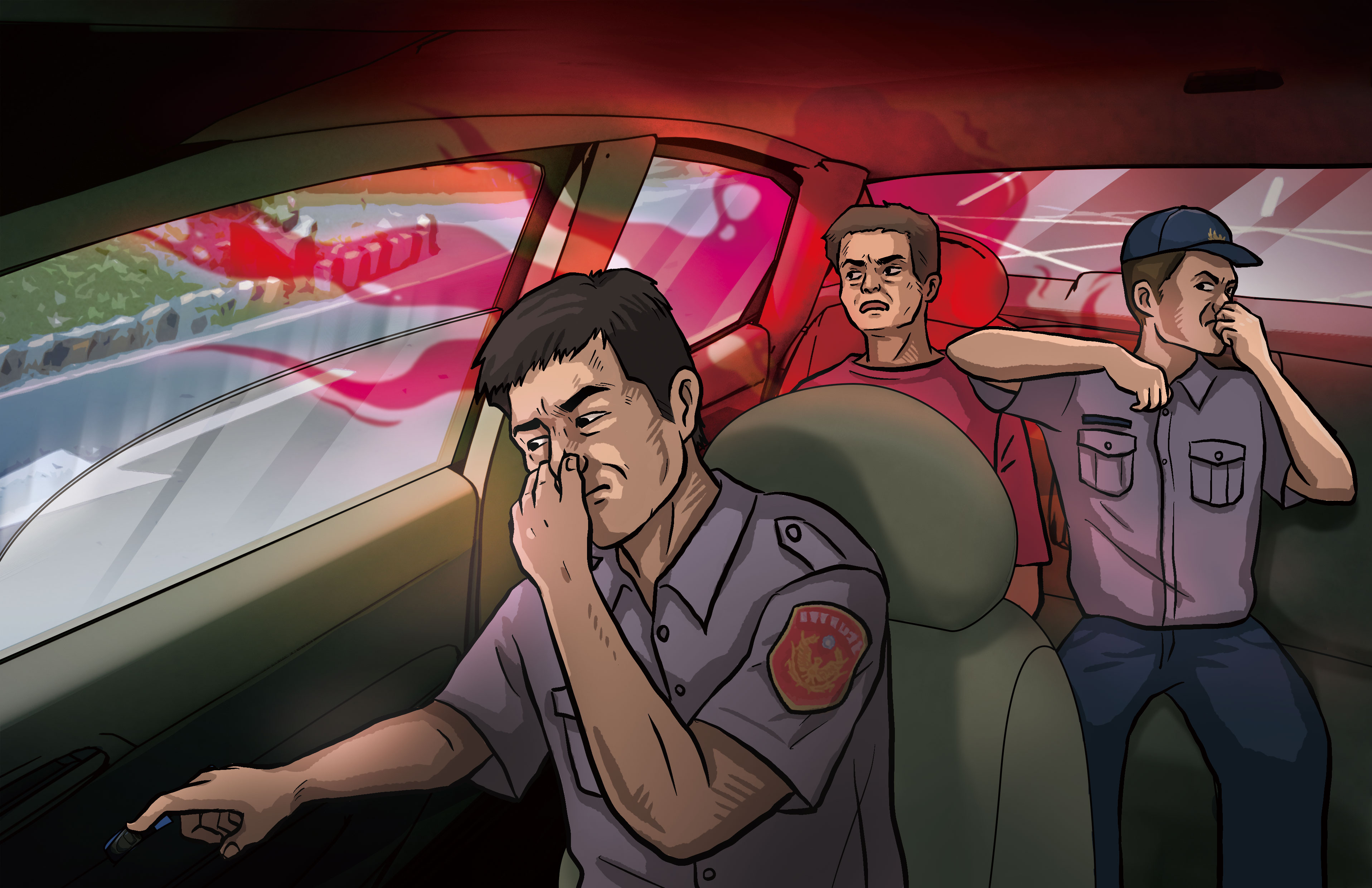 案發後，濃濃的血腥味一直跟著主謀康文瑞，連警方押解時都還聞得到。