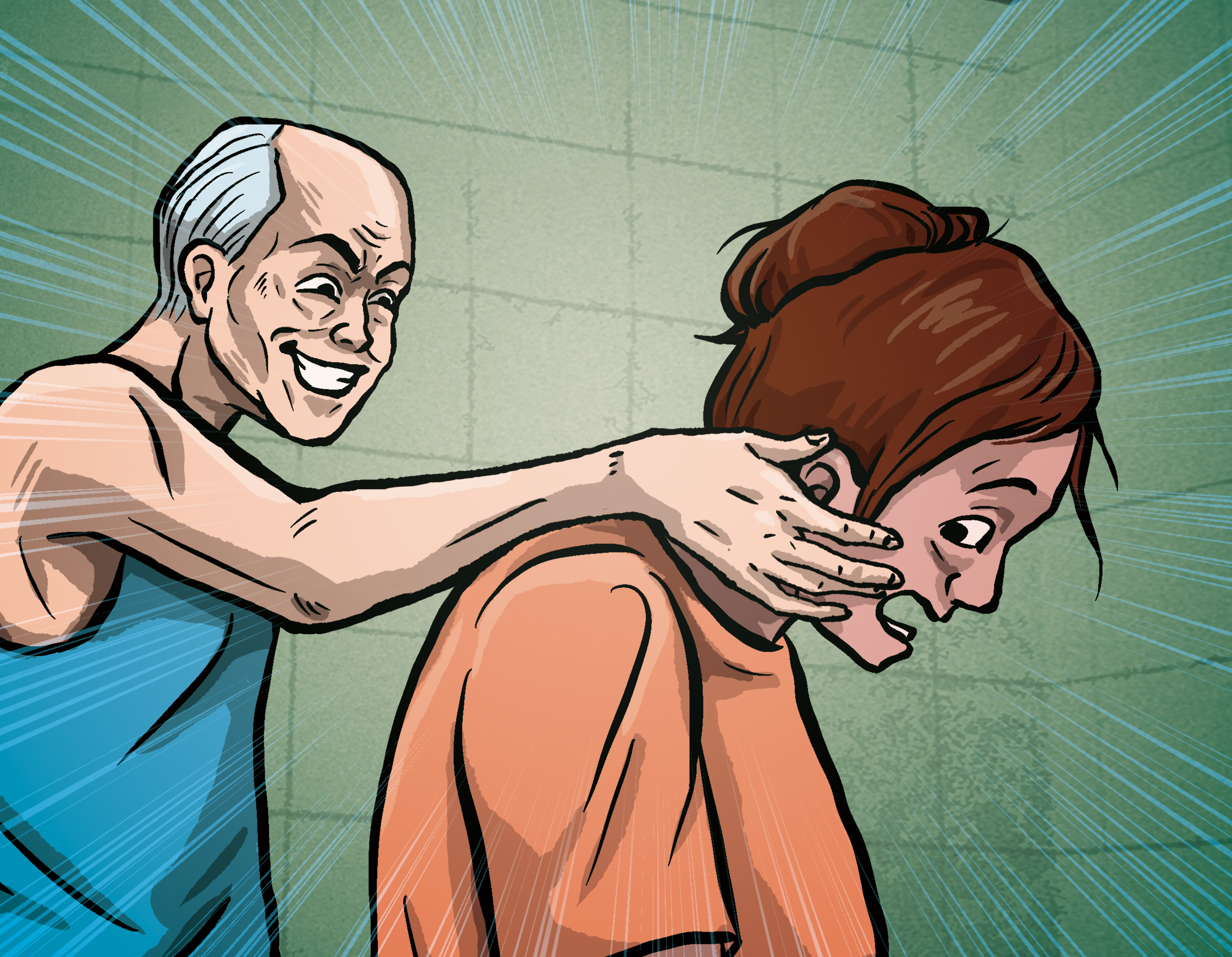 阿君常遭同住的阿公毛手毛腳，即便家中裝了監視器，但阿公仍趁她協助盥洗時對她摸臀又摸臉。圖為本刊模擬繪圖。