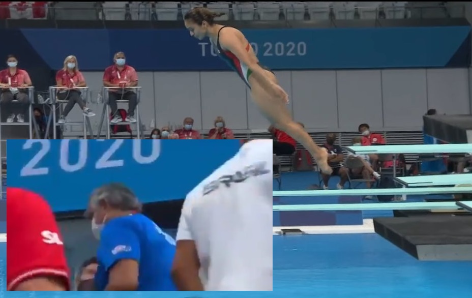 墨西哥女將查維茲在跳水預賽嚴重失誤，氣得教練當場離席。（翻攝自推特）