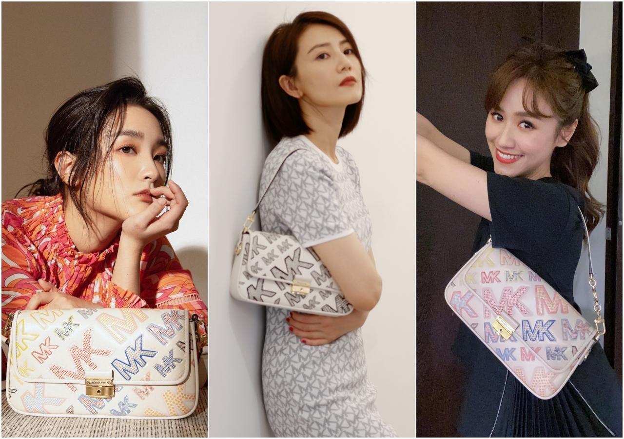 (左起)王淨、高圓圓、吳姍儒示範同款不同色的Qixi膠囊系列Bradshaw 腋下包。NT$22,500(MICHAEL KORS提供)