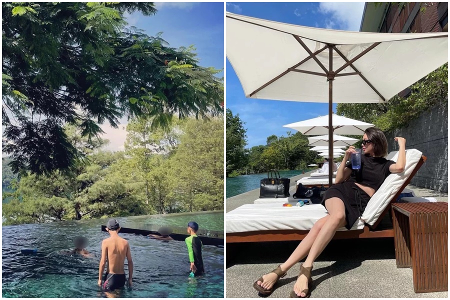 知名飲料店「一芳水果茶」董娘王俞喬與家人日前入住日月潭涵碧樓，卻違反防疫規定，帶孩子到泳池戲水。（翻攝畫面）