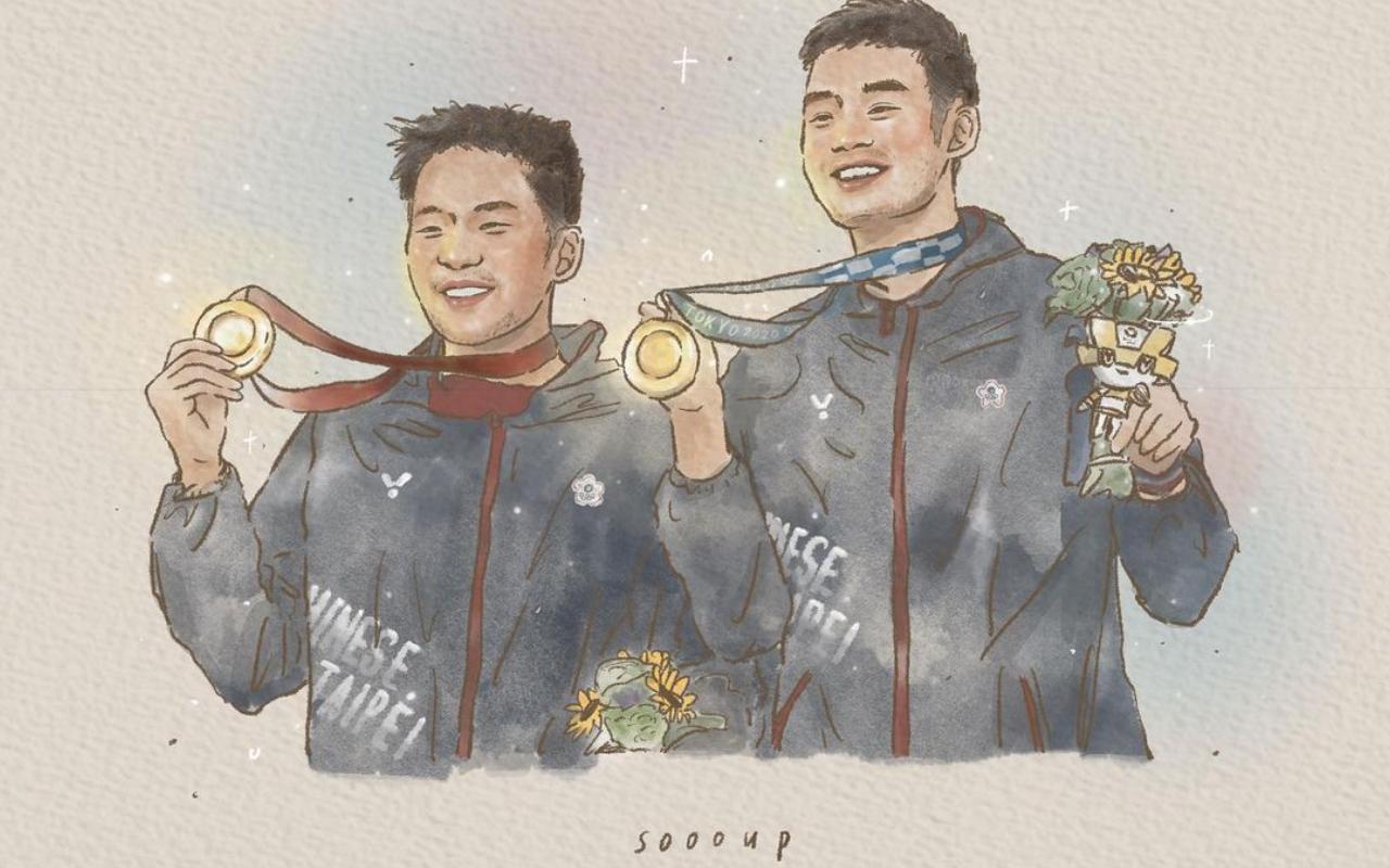 王齊麟(右)、李洋(左)在東奧奪金,網友S.oooup繪出兩人的帥樣。(翻攝自IG)