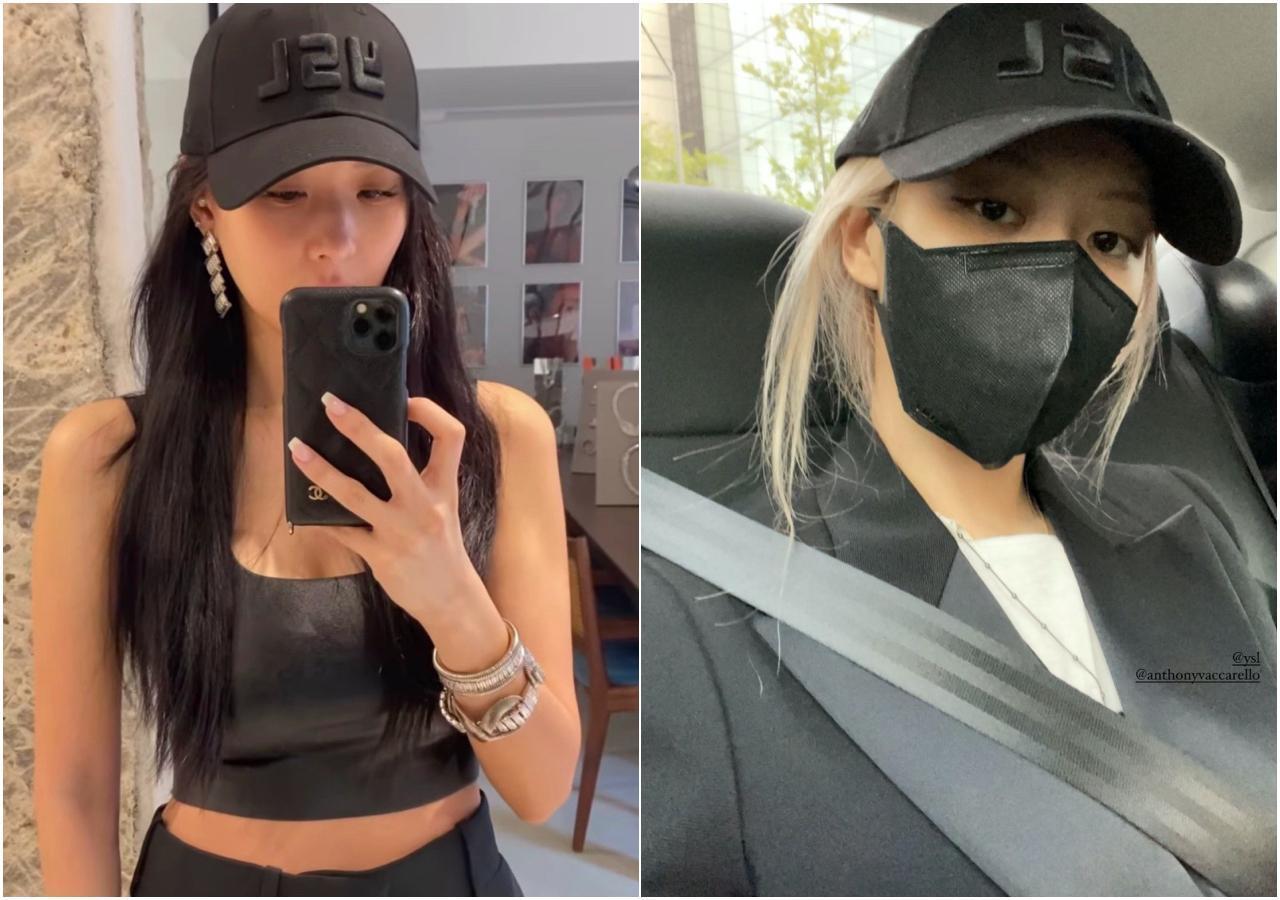 （左起）孫芸芸、ROSÉ朴彩英皆以黑色服裝與七夕限定黑色棒球帽搭配。（合成照片，SAINT LAURENT提供）