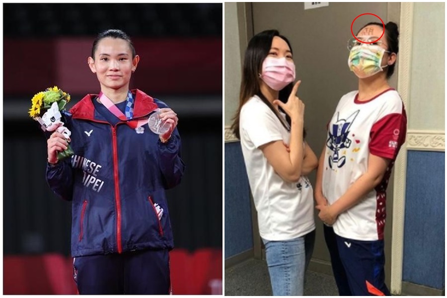 小戴（左）無緣金牌，姊姊戴靖潔（右圖右）當時轉播在額頭上寫下「勝」的反字被網友質疑「拐了氣」。（左圖體育署提供、右圖翻攝自戴靖潔IG）