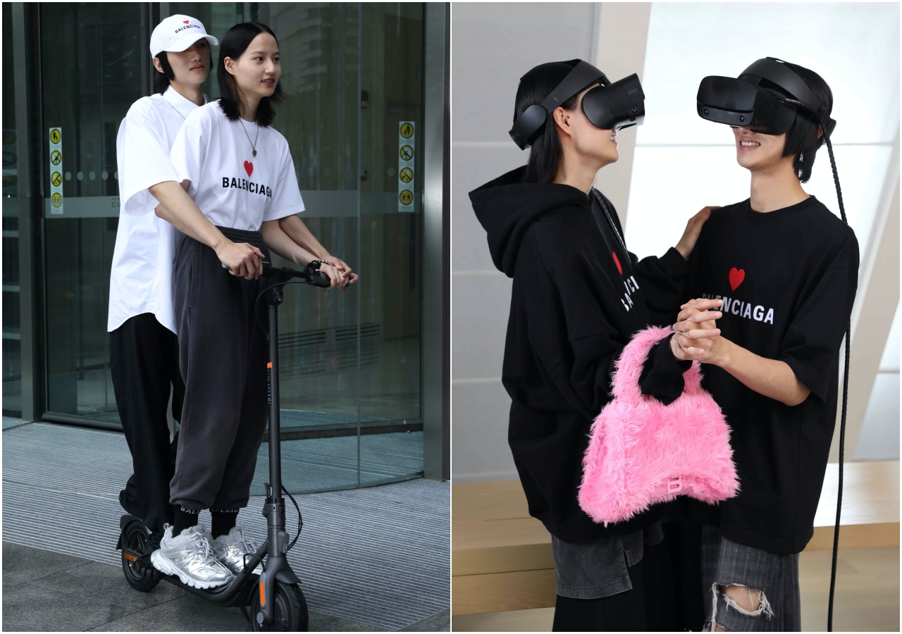 共乘電動滑板車、戴著VR頭戴設備跳舞，BALENCIAGA完全以貼近年輕人的生活塑造 2021七夕系列形象。（BALENCIAGA提供）