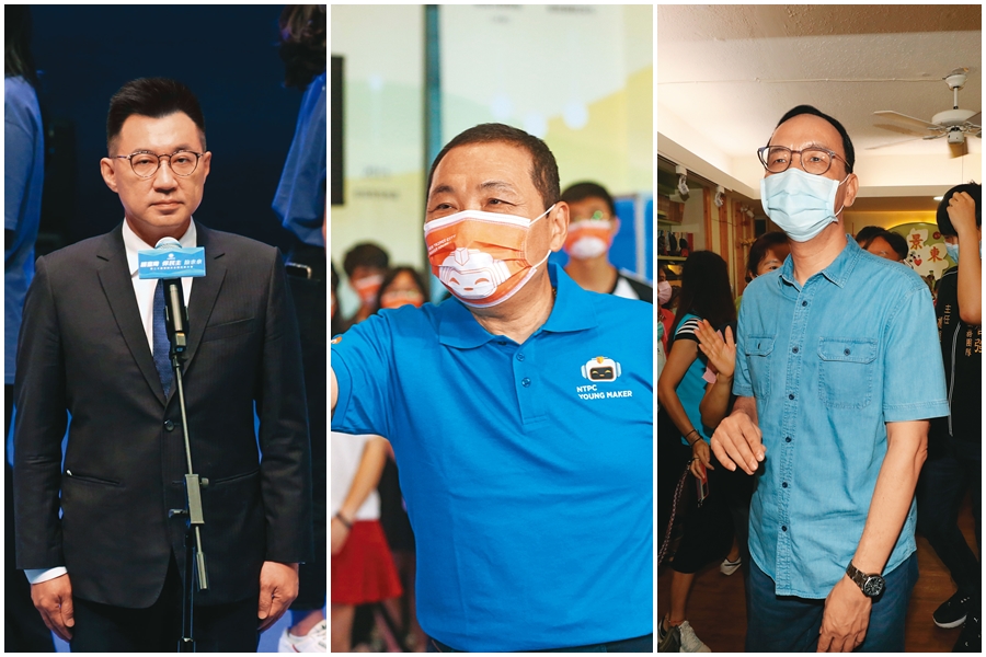 朱立倫（右）近日低調拜會黨內各派系，欲集結反江勢力拉下江啟臣（左），在藍營內支持度一枝獨秀的侯友宜（中），近日被拱更上層樓的聲浪不斷，意外讓黨魁選戰白熱化。（本刊資料照）