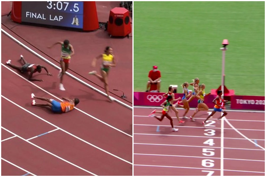 名將哈桑在女子1千5百公尺賽事跌倒，最後神逆轉跑分組第一，引起網友討論。（翻攝自@ChrisChavez推特）