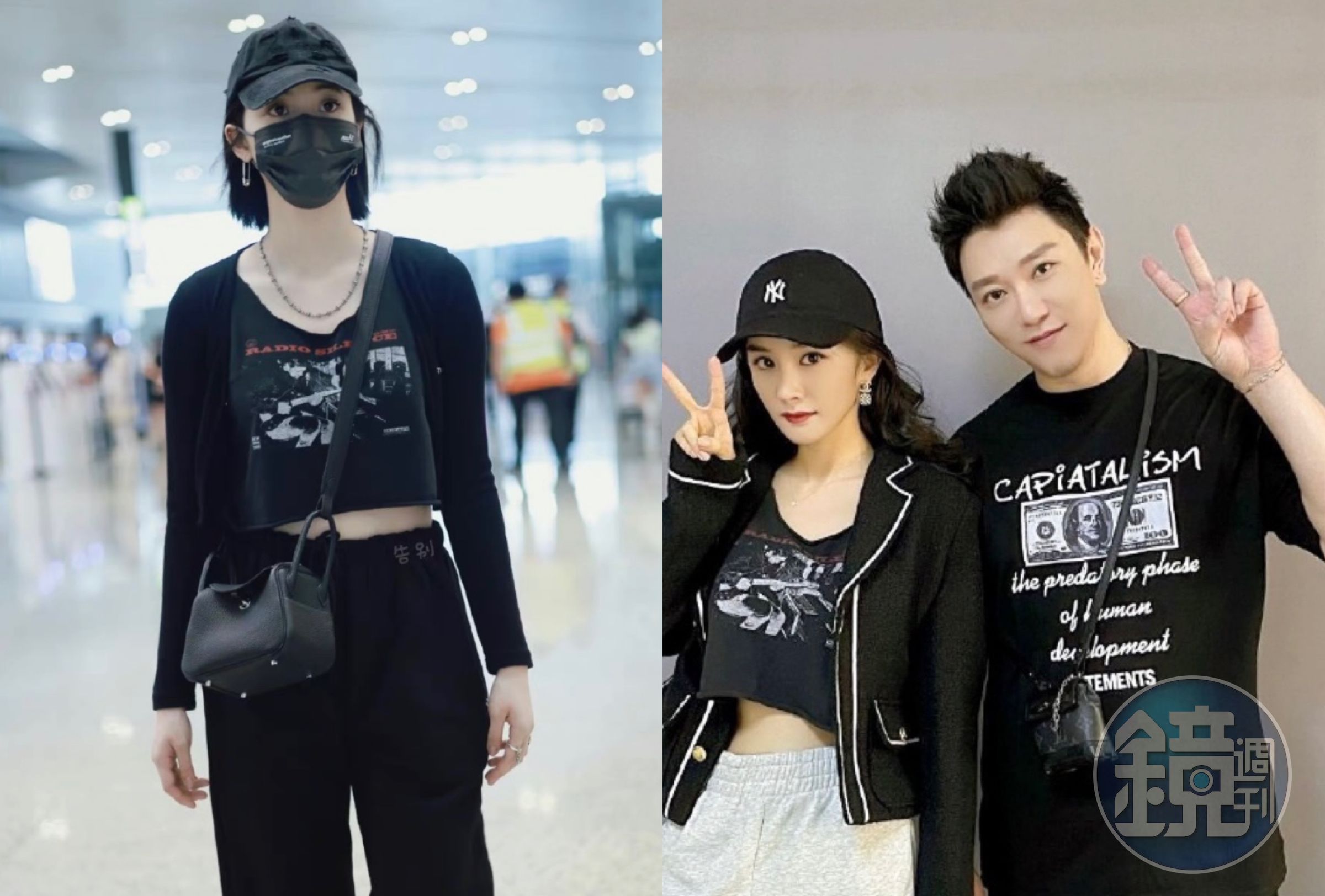 歐陽娜娜（左）和楊冪撞衫，兩人都選同款美式背心，引發網友討論。（翻攝自微博）