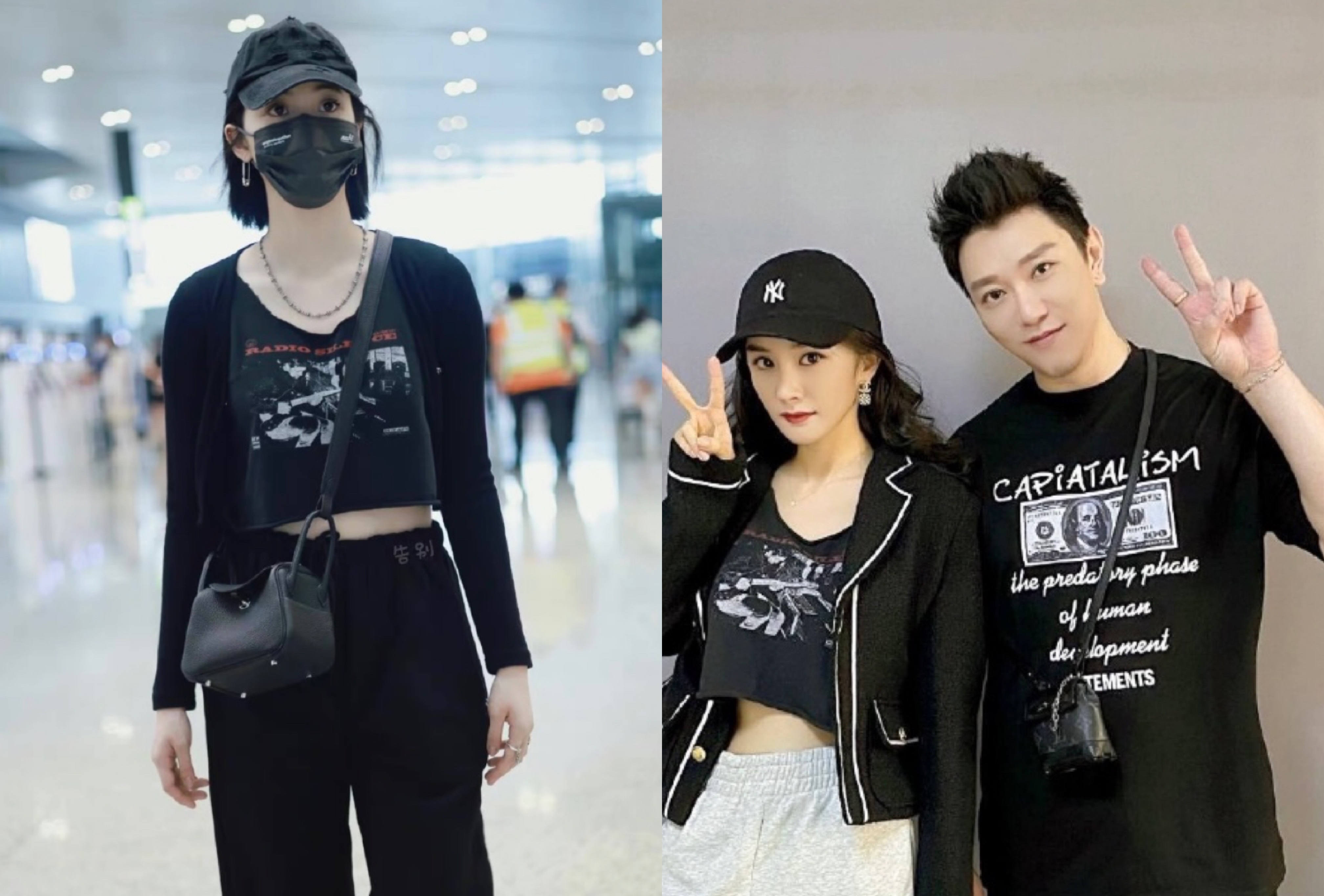 歐陽娜娜（左）和楊冪撞衫，兩人都選同款美式背心，引發網友討論。（翻攝自微博）