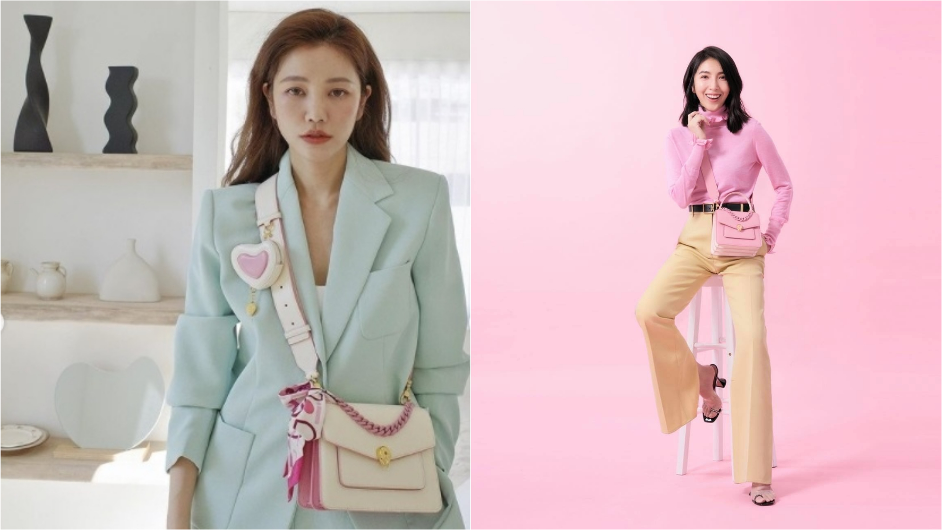 楊謹華與許路兒兩人都在IG上Po出背著BVLGARI的Forever Maxi Chain系列的照片，兩人選擇不同顏色展現不同風格。（翻攝自楊謹華、許路兒IG）