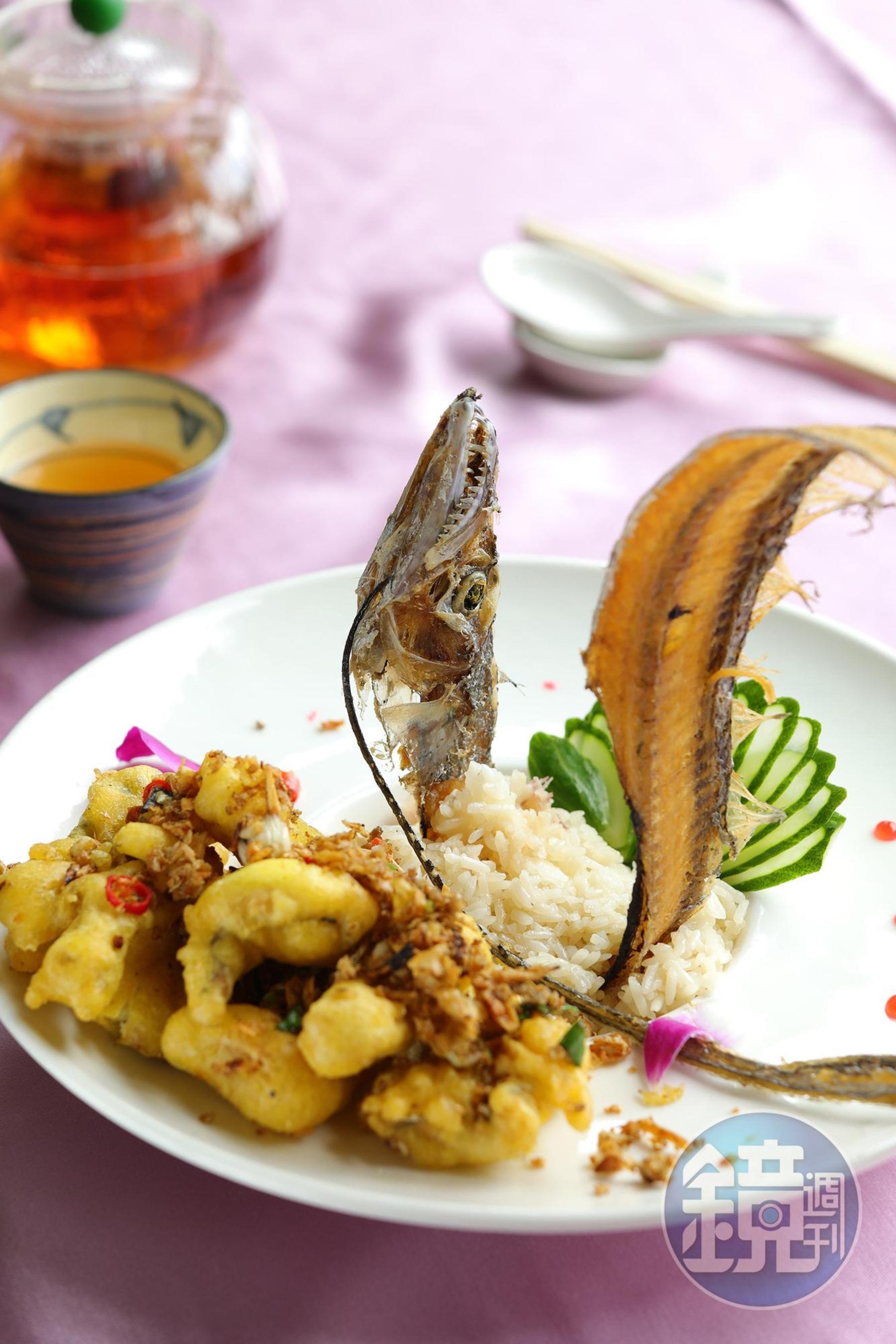 使用新鮮白帶魚料理的「鯉魚躍龍門」，以避風塘方式製作，帶有鯉躍龍門、步步高昇的意思。（無菜單料理，600元起／人）