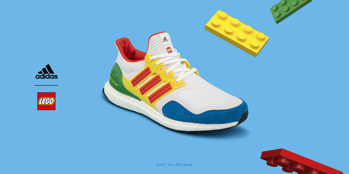 adidas攜手LEGO推出聯名系列跑鞋，集結雙品牌經典元素，以樂高四色、積木造型重新詮釋adidas最具代表性跑鞋Ultraboost DNA。（adidas提供）