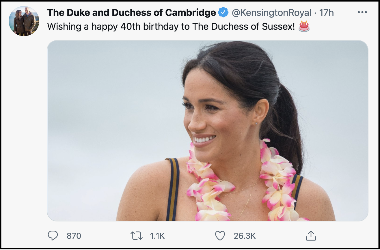 梅根過40歲生日,威廉王子、凱特王妃獻上祝福,十分大氣。(翻攝KensingtonRoyal推特)