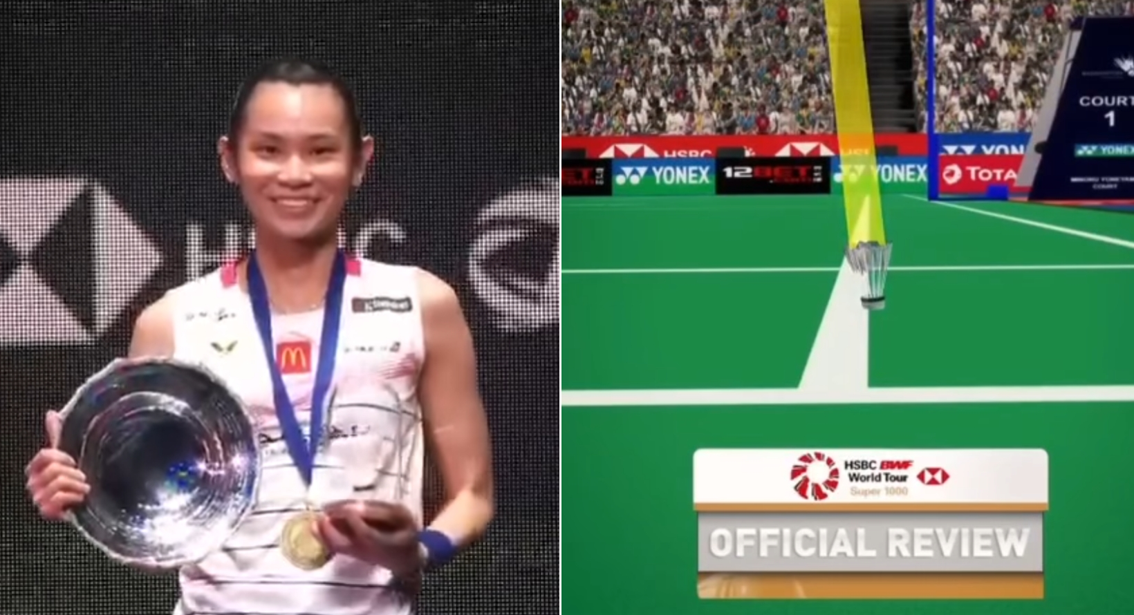 戴資穎去年在全英公開賽上擊敗陳雨菲，奪下冠軍並重回球后寶座，當時好幾顆球都是精準壓線得分。（翻攝自戴資穎臉書）