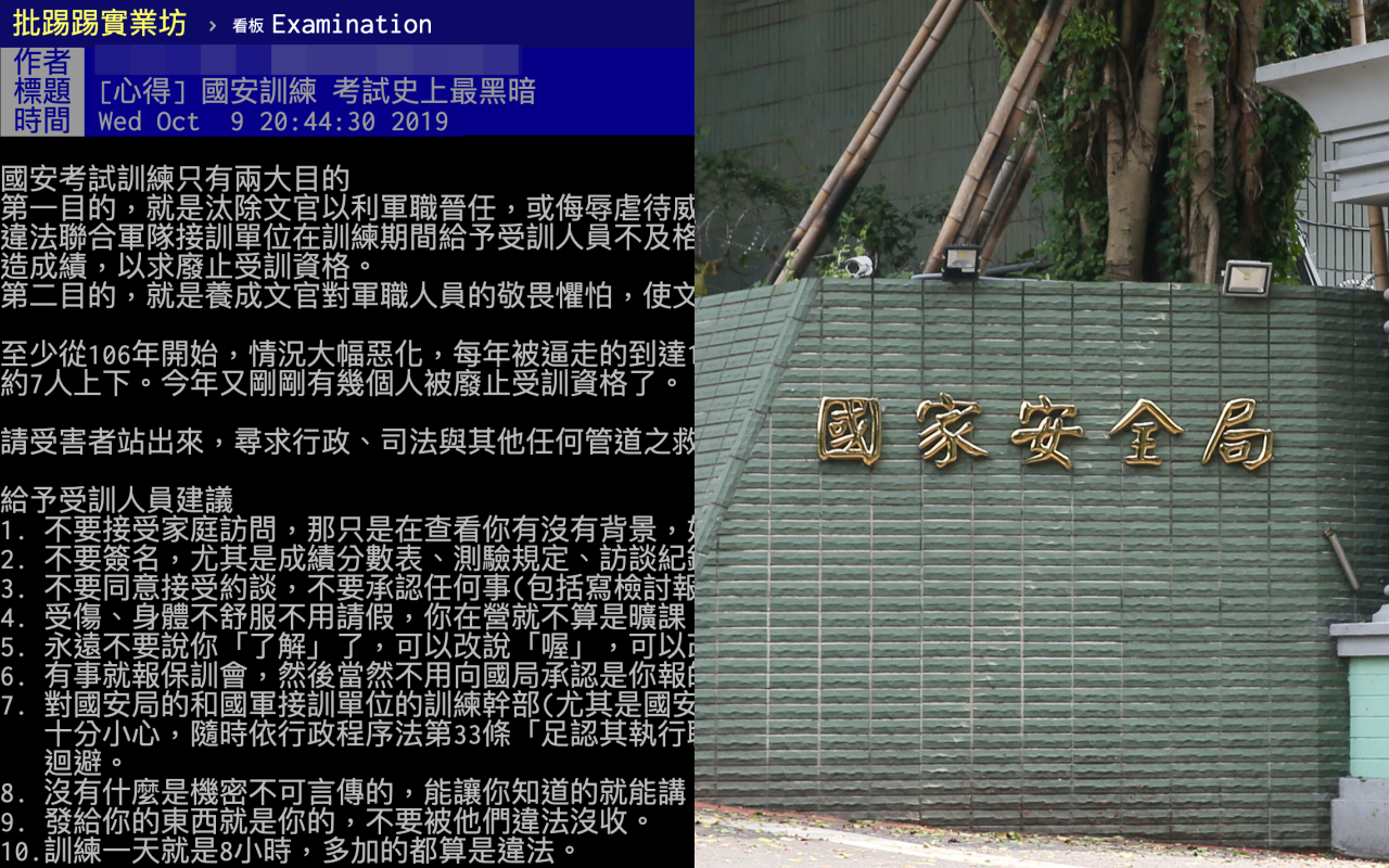 何姓男子遭國安局退訓後，上網揭露訓練時的荒誕情事，並公布國安人員職稱、化名。（翻攝自PTT、本刊資料照）
