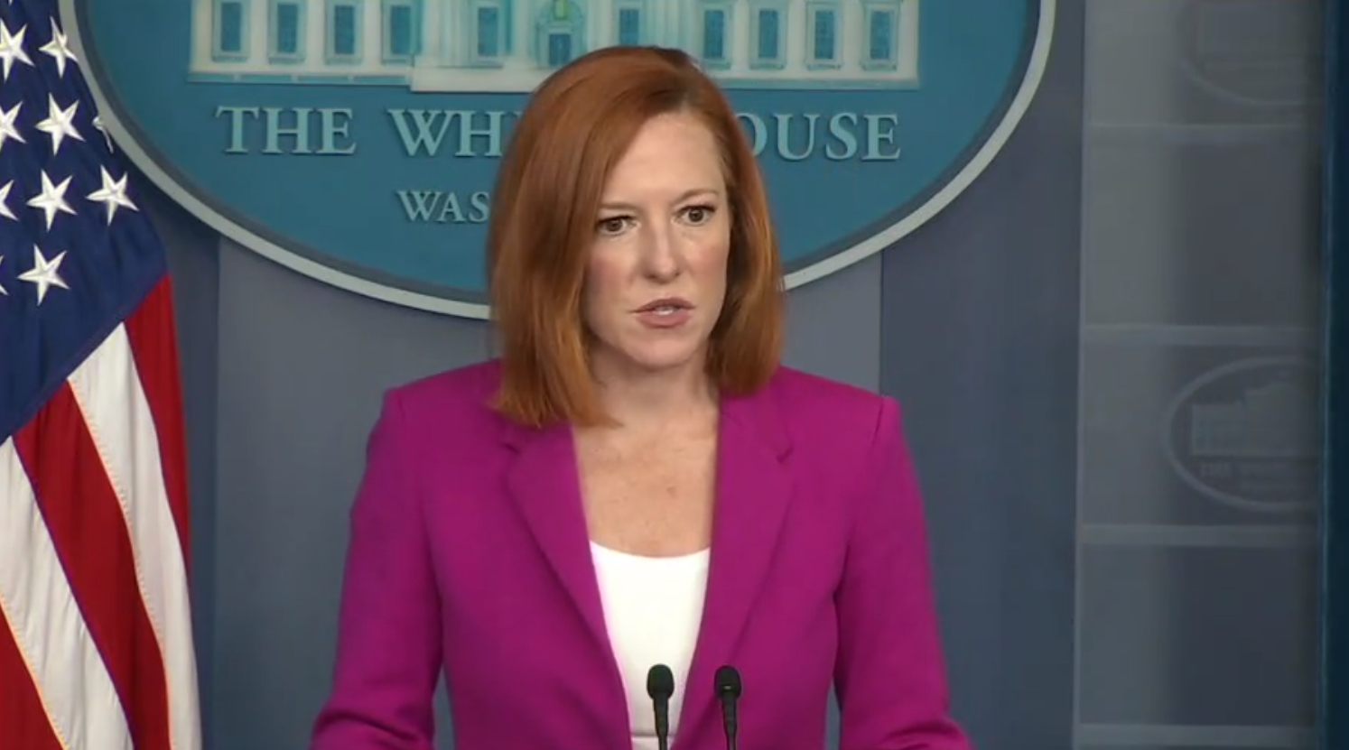 美國白宮發言人莎琪（圖）對於世衛呼籲「富國暫緩施打追加疫苗，優先幫助發展中國家」，直言是個錯誤的選擇。（翻攝自白宮推特）