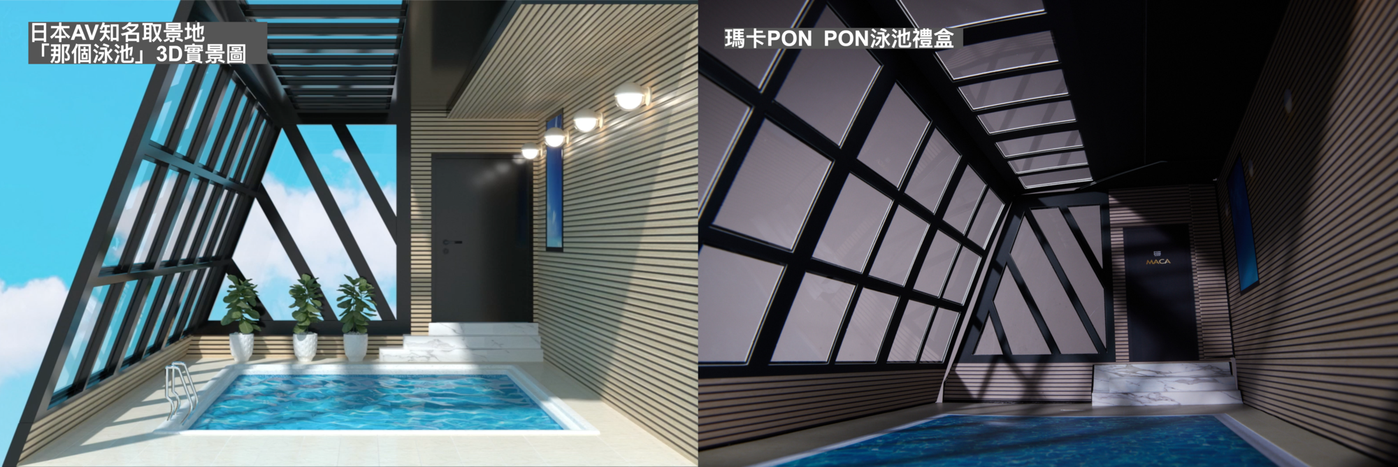 日本AV知名取景地 + 泳池禮盒圖片對比。（耐斯提供）
