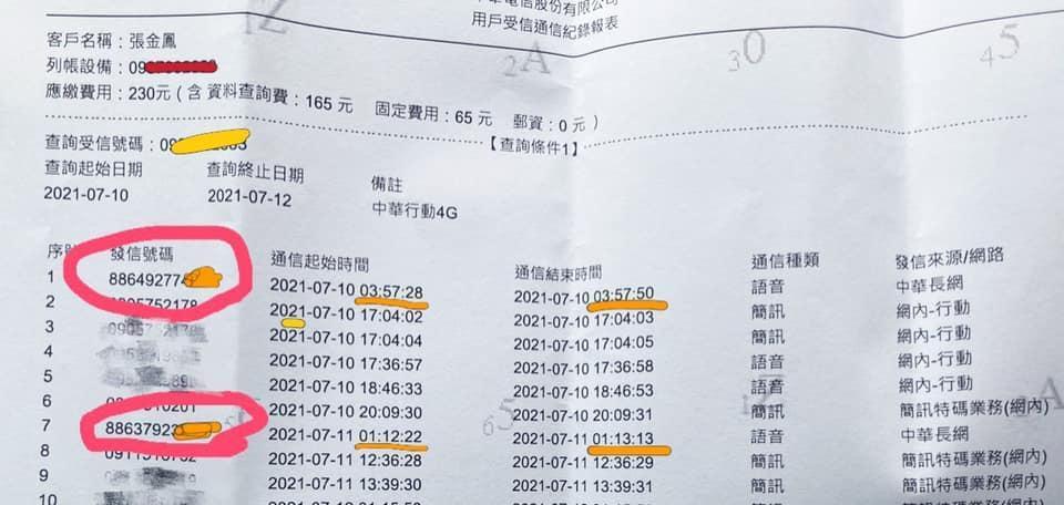 張金鳳調閱通聯記錄後,發現半夜騷擾電話來自侯怡君的出生地南投水里。(翻攝張金鳳臉書)