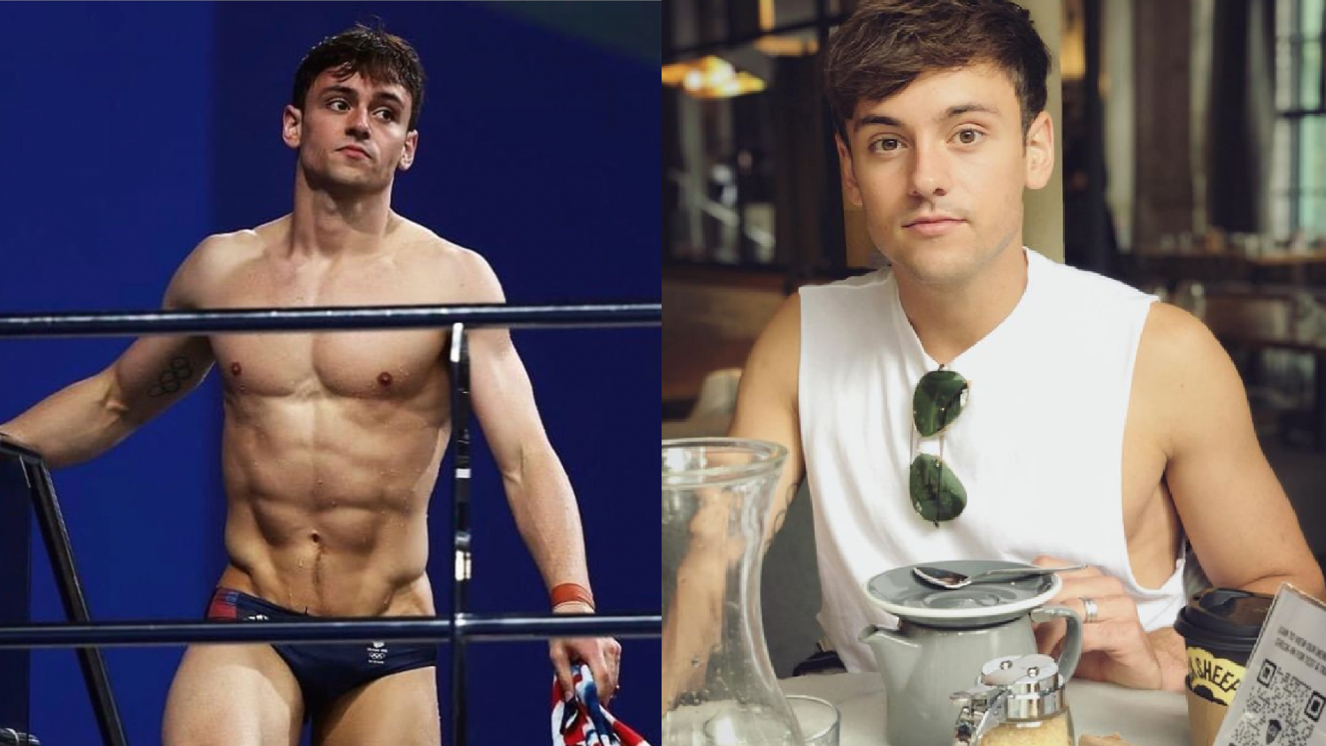 英國跳水選手湯姆戴利在觀眾席打毛線。(翻攝自Tom Daley IG、Olympics推特)