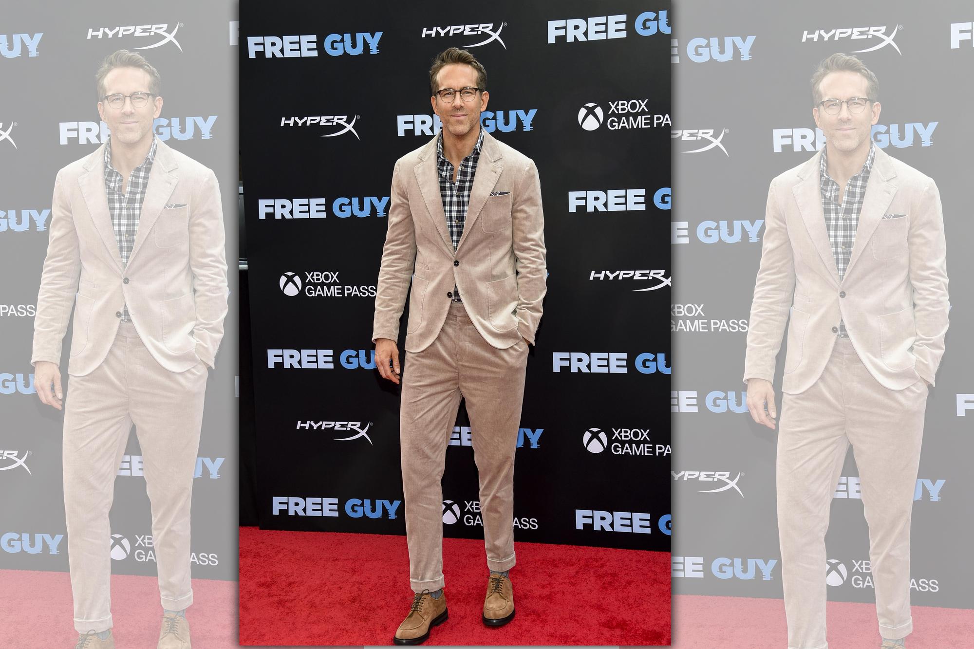 Ryan Reynolds出席電影首映會，穿著BRUNELLO CUCINELLI的西裝搭配格子襯衫，十分適合爸爸們父親節參加聚會。 燈芯絨成套西裝 NT$206,100。（BRUNELLO CUCINELLI提供）