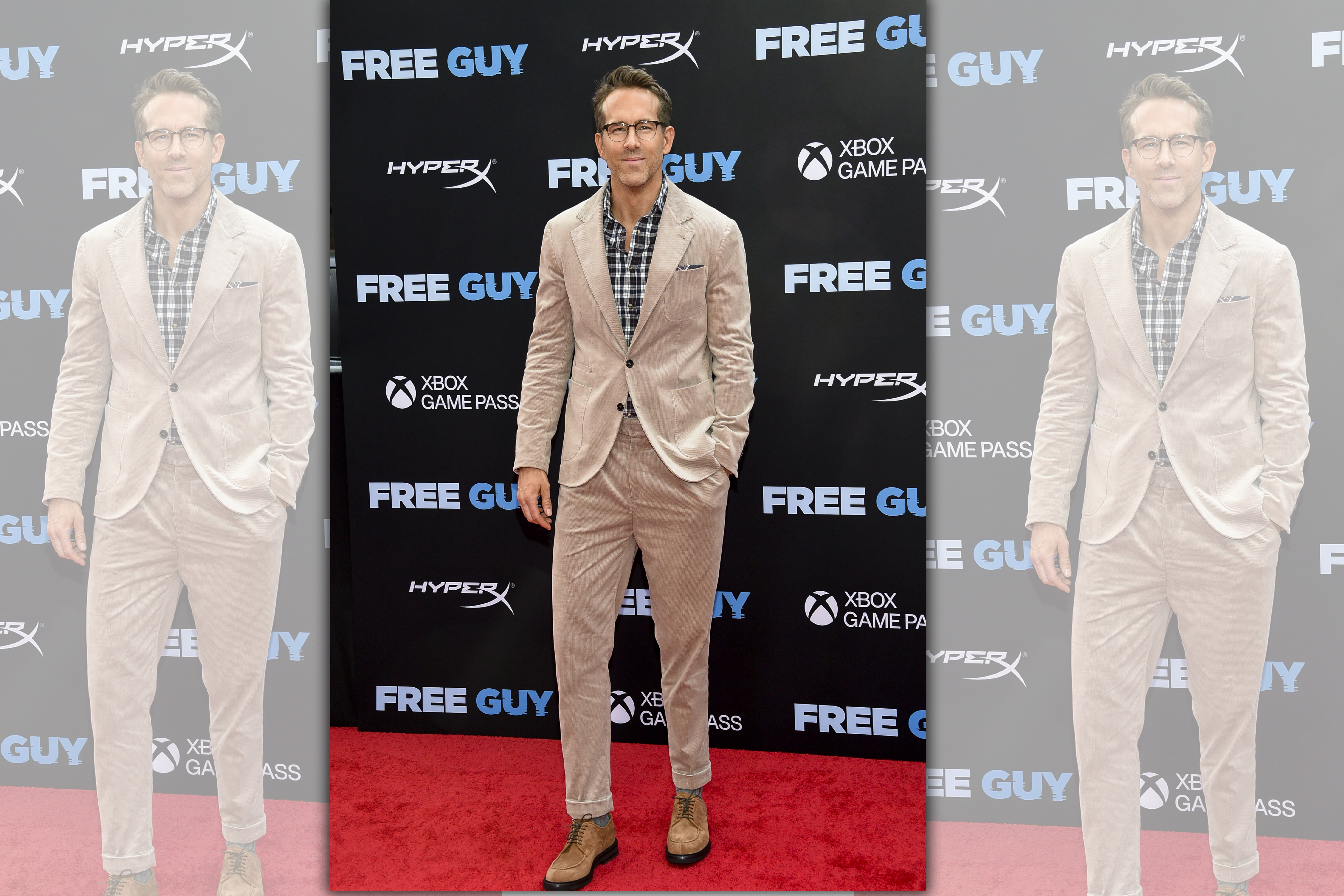 Ryan Reynolds出席電影首映會，穿著BRUNELLO CUCINELLI的西裝搭配格子襯衫，十分適合爸爸們父親節參加聚會。 燈芯絨成套西裝 NT$206,100。（BRUNELLO CUCINELLI提供）