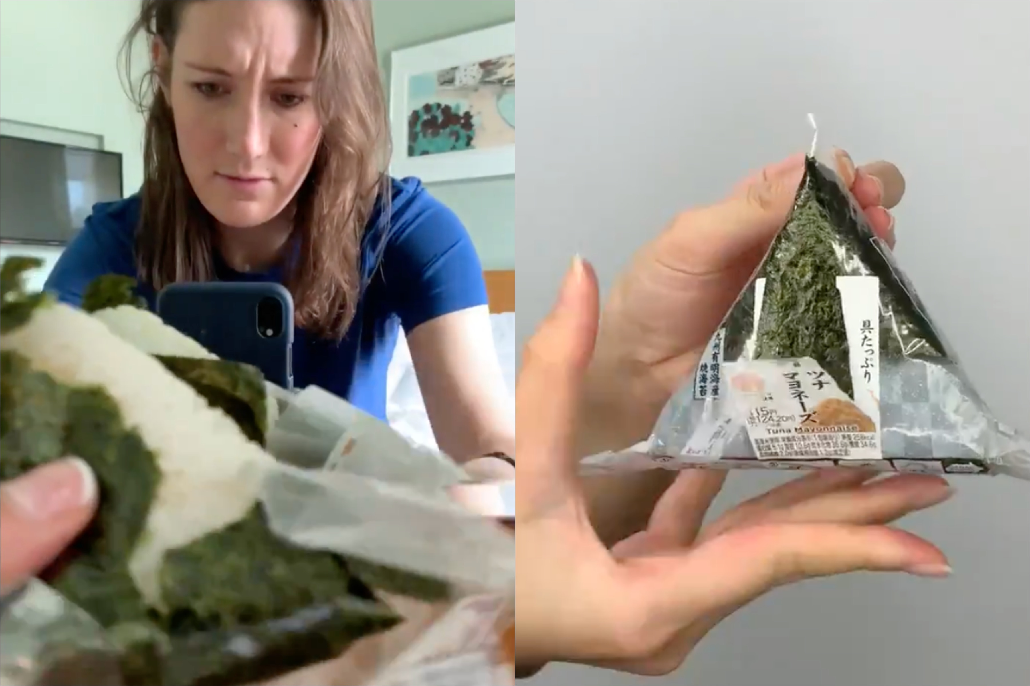 女記者試著拆「三角飯糰」，卻把海苔都撕破了。日本7-11拍專業解說影片提供幫助。（翻攝自Anastasia Bucsis、日本7-11官方推特）
