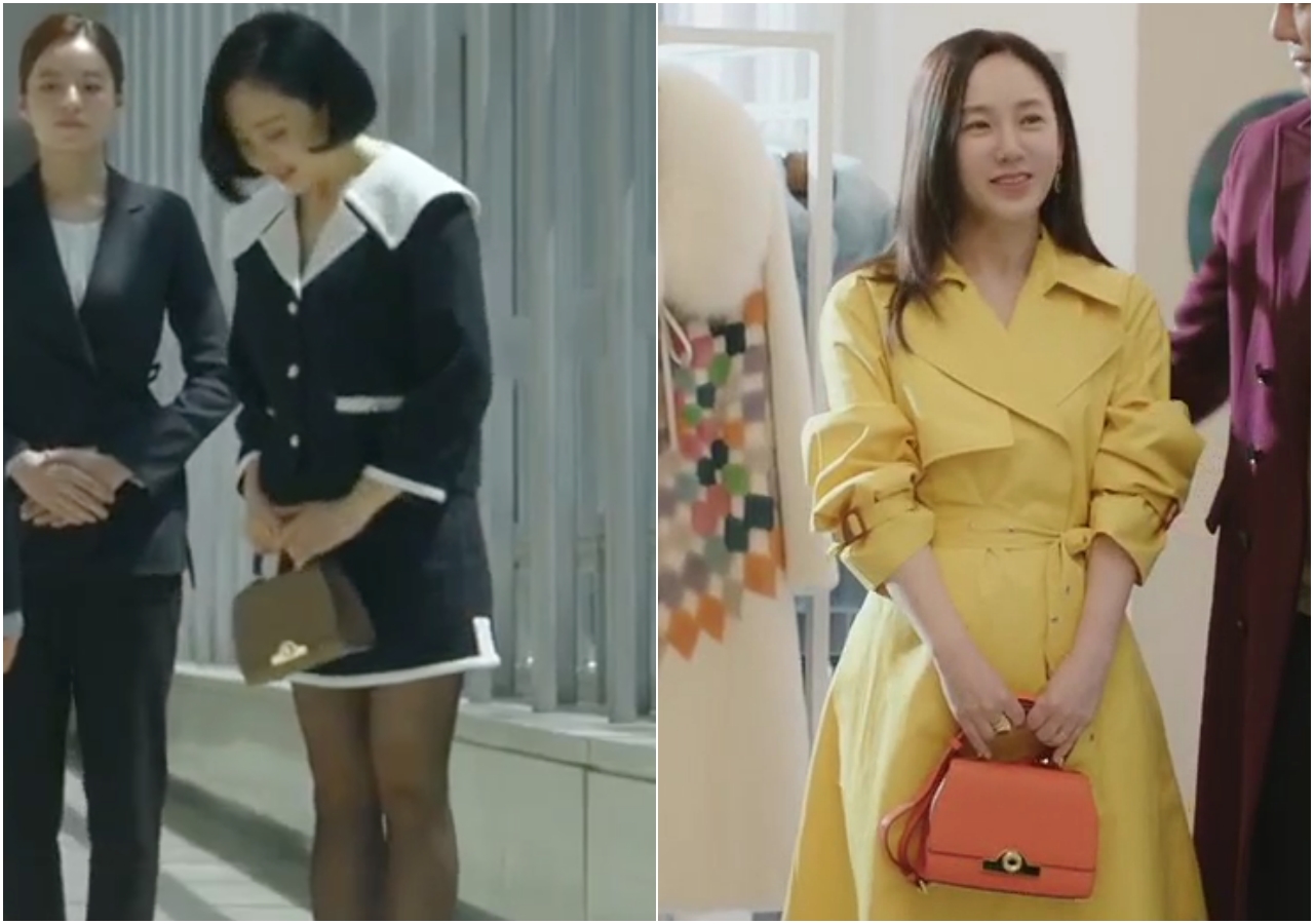 （左起）金玟廷在《惡魔法官》、朴柱美在《婚詞離曲》中的行頭，皆出現MOYNAT經典包款Réjane BB。（翻攝自網路）