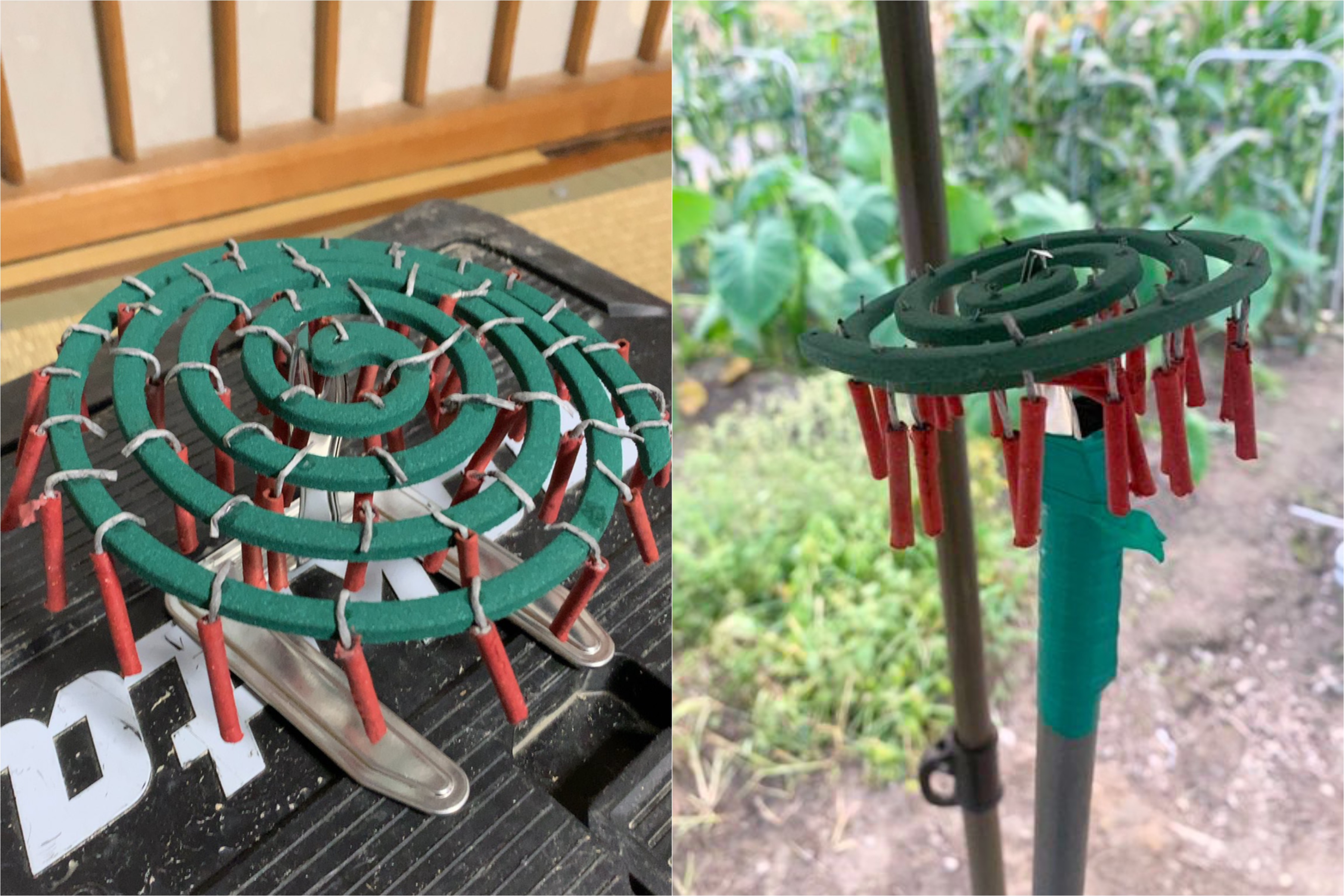 日本網友研發一款「蚊香定時炸彈」，每隔一段時間就會引爆鞭炮，成功嚇阻野生動物。（翻攝自 @doburokusan 推特）