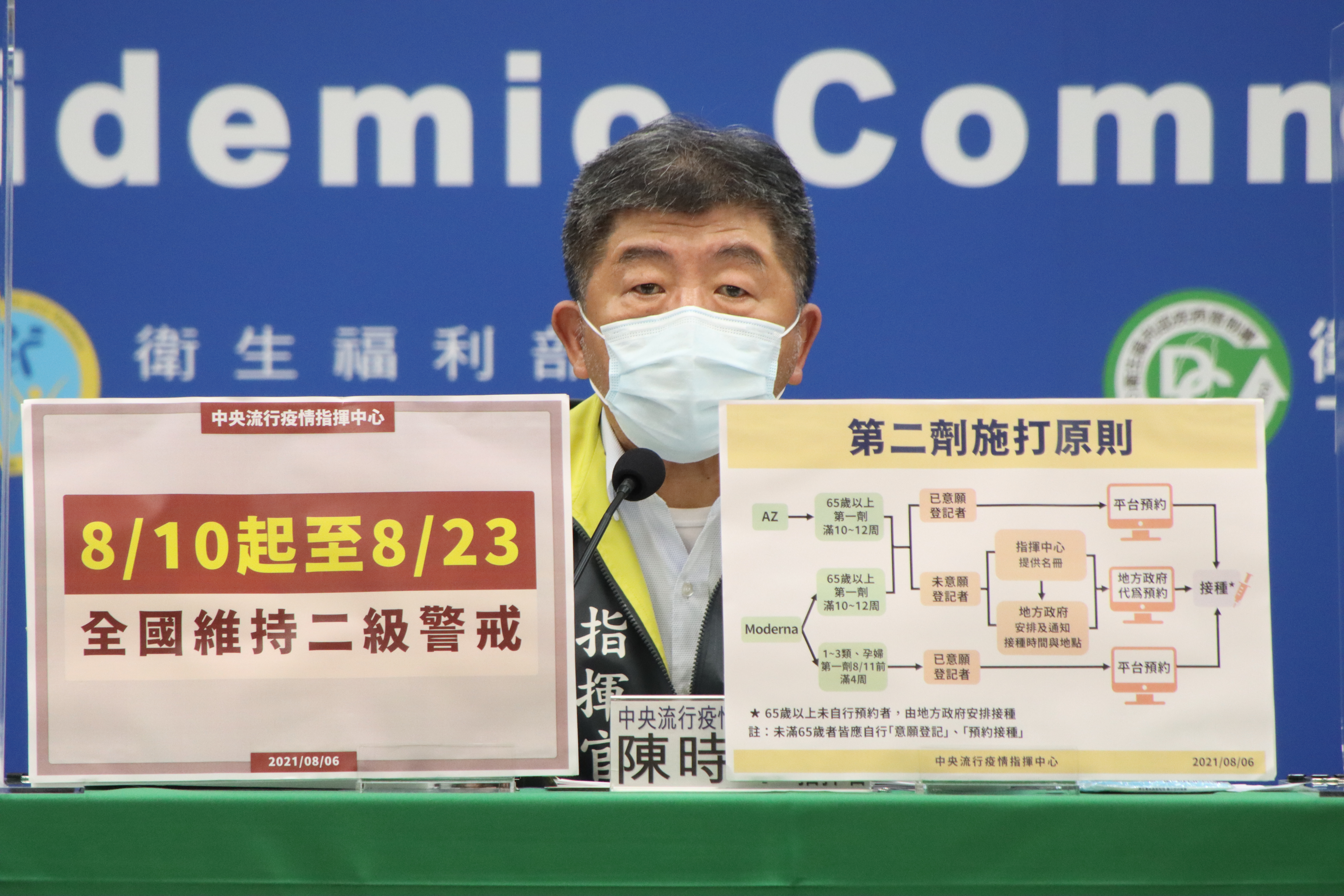 指揮官陳時中指出，目前預計打完莫德納後，由高端疫苗接棒第6輪。（指揮中心提供）