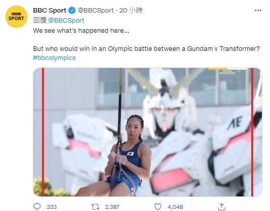 BBC回覆網友，要大家比較鋼彈跟變形金剛誰比較強。（翻攝Twitter）