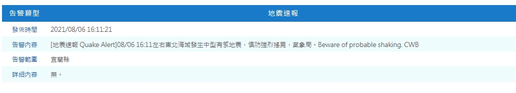 中央氣象局發布有感地震資訊。（翻攝自中央氣象局）