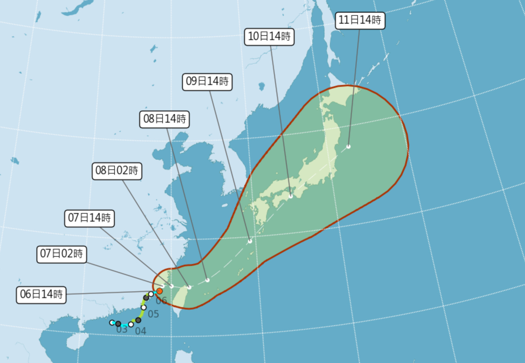 盧碧明緩慢往東移動，通過台灣海峽北部，明到週日上半天是雨勢最猛烈的時間。（翻攝自氣象局）