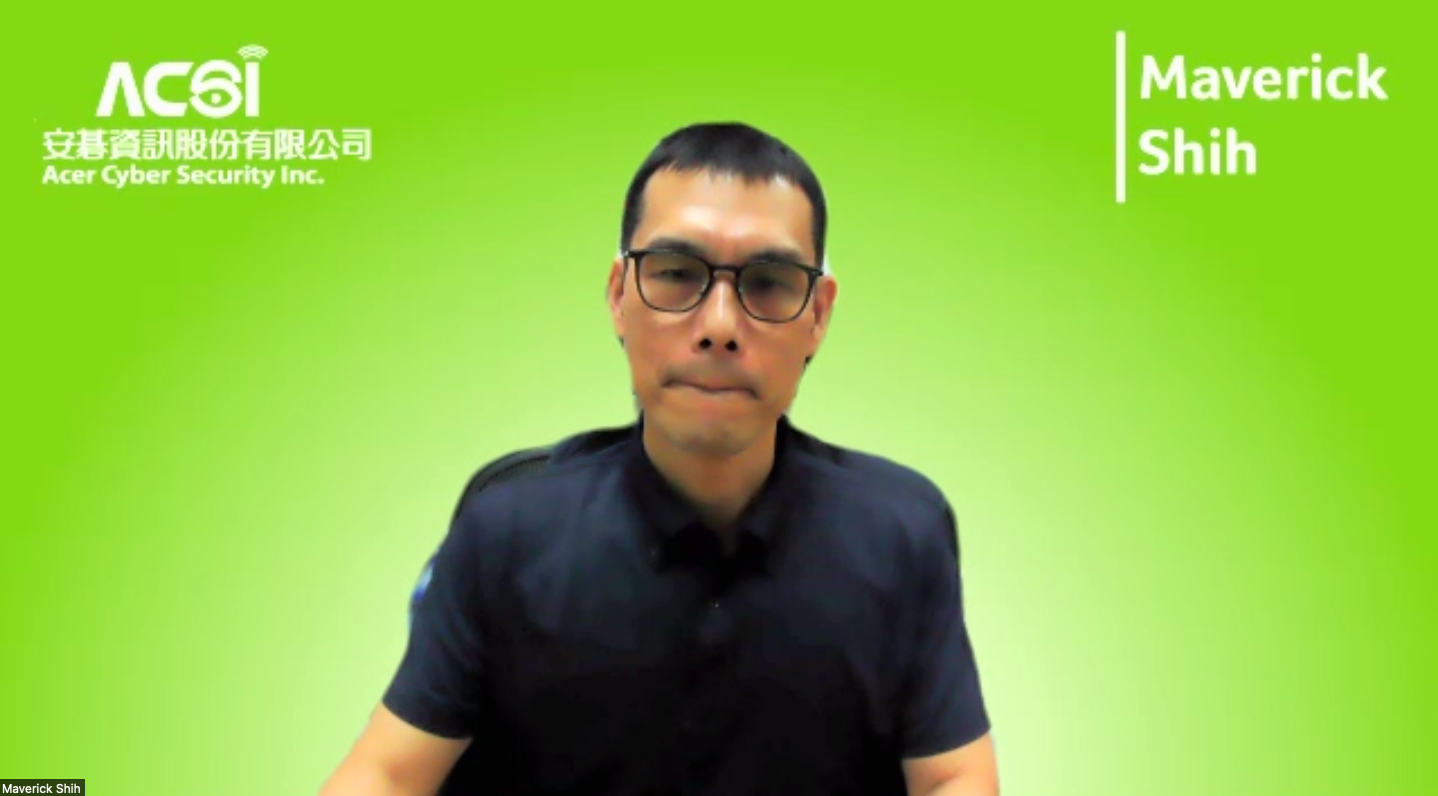 施宣輝出席玉山科技協會視訊活動，背景改成綠底白字為自家公司「安碁」打廣告。（翻攝自玉山線上研討會）