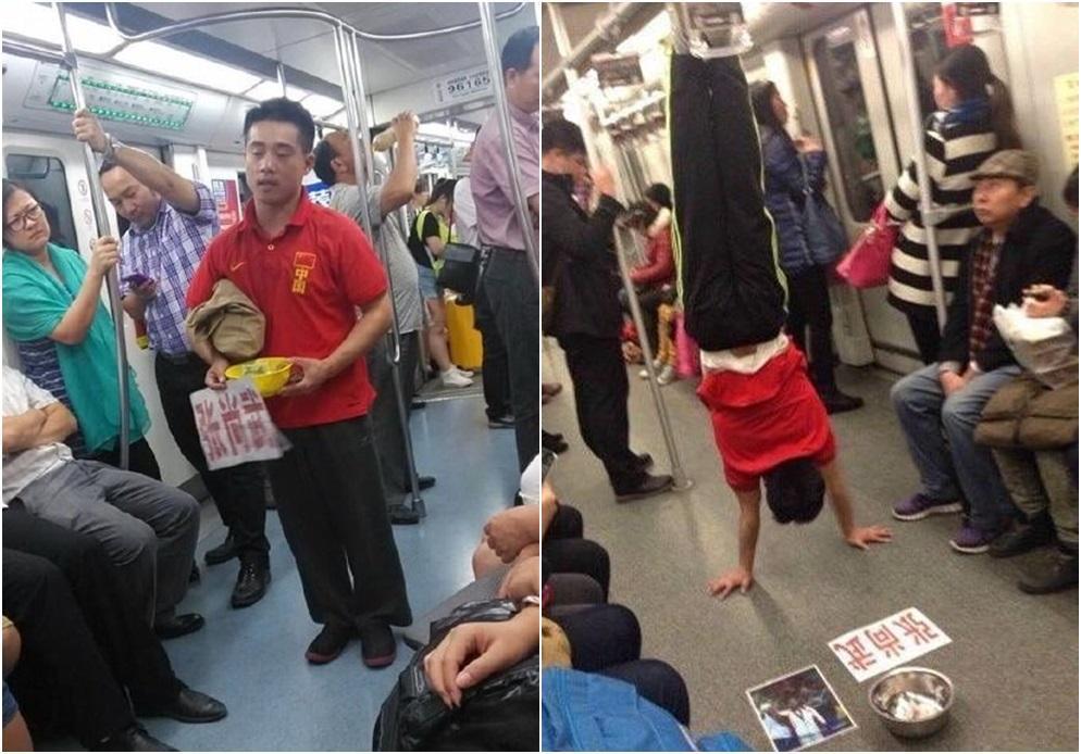 近日中國前體操冠軍張尚武，在地鐵行乞照片被瘋傳。（翻攝微博）