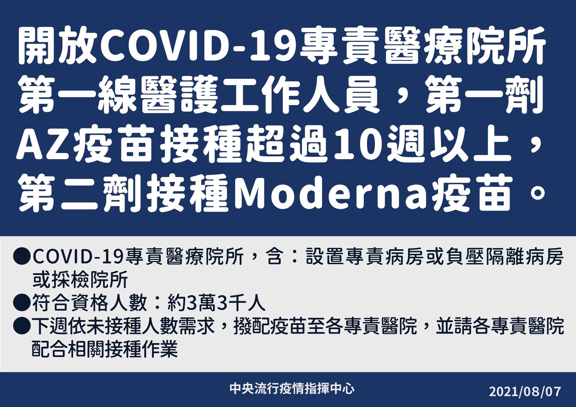 指揮中心宣布專責醫院第一線醫護，第一劑為施打AZ超過10週以上者第二劑可混打莫德納。（指揮中心提供）